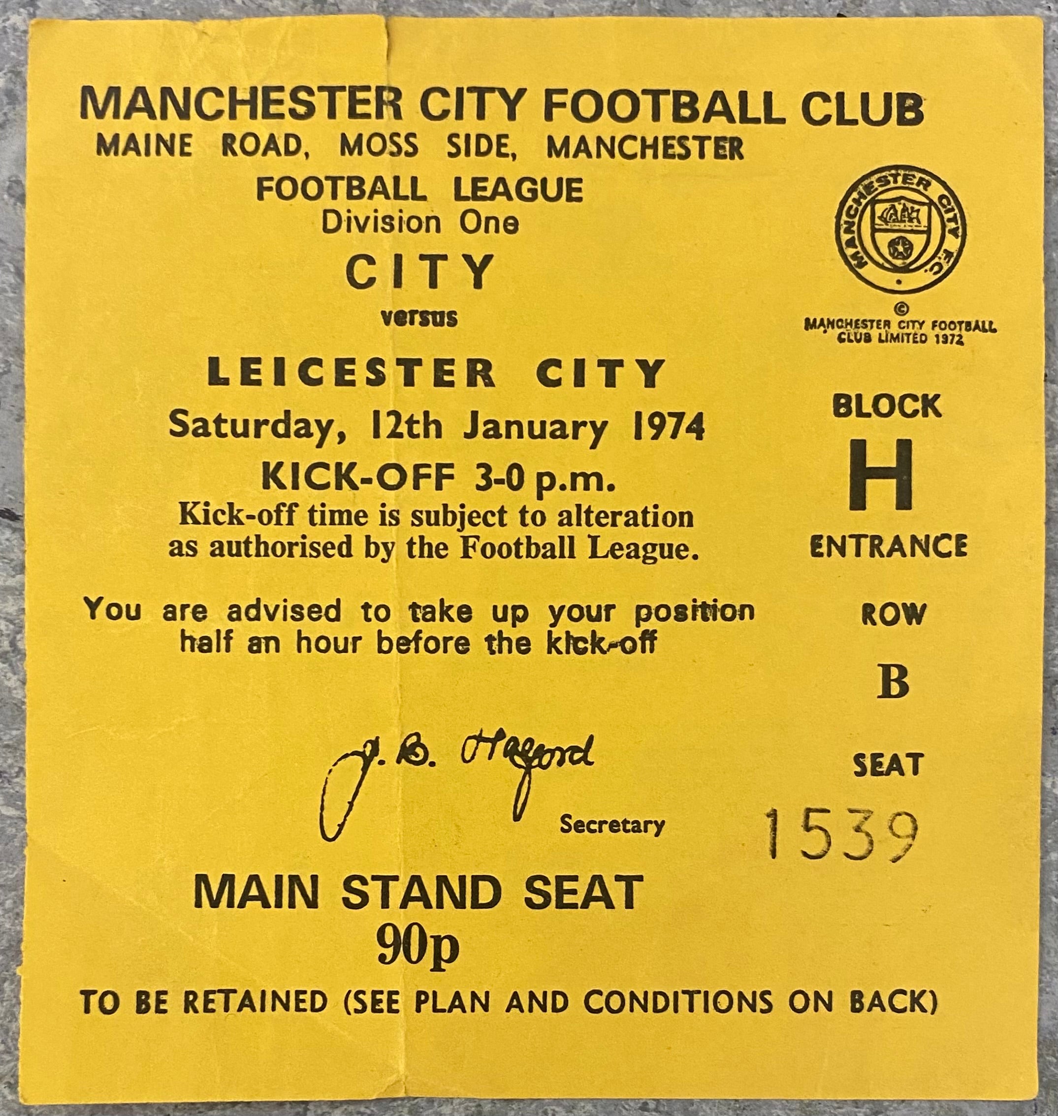 1973/74 ORIGINAL DIVISION 1 TICKET MANCHESTER CITY V LEICESTER CITY