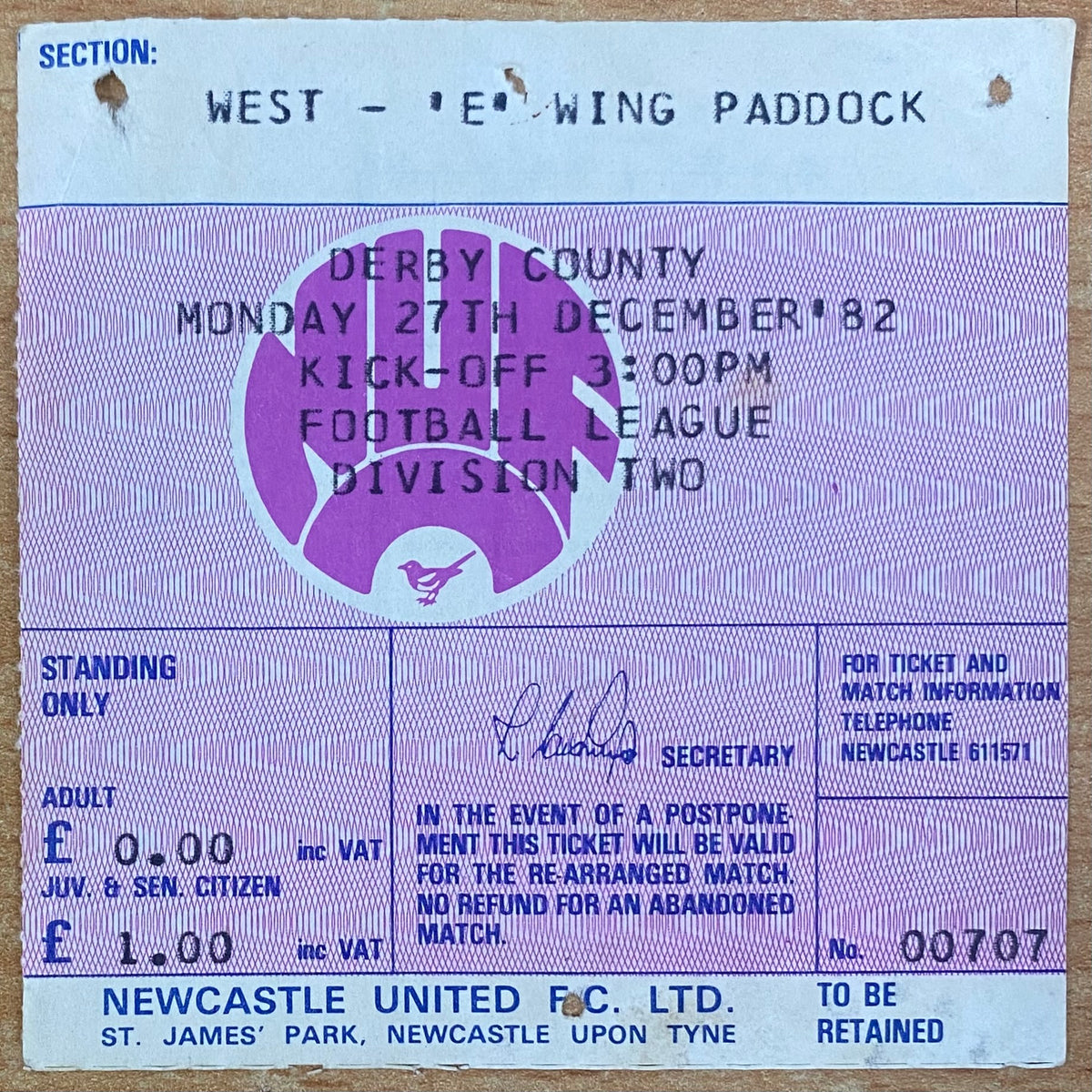 1982/83 ORIGINAL DIVISION TWO TICKET NEWCASTLE UNITED V DERBY COUNTY