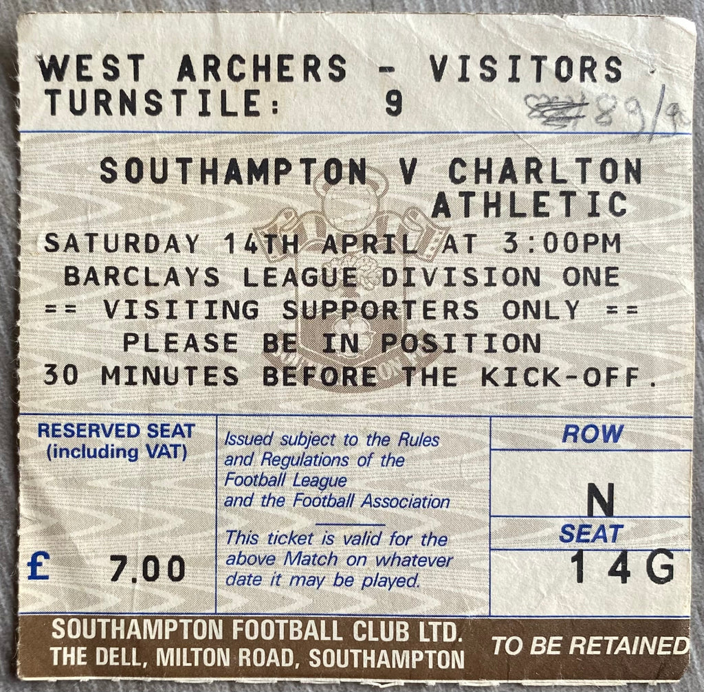 1989/90 ORIGINAL DIVISION ONE TICKET SOUTHAMPTON V CHARLTON ATHLETIC