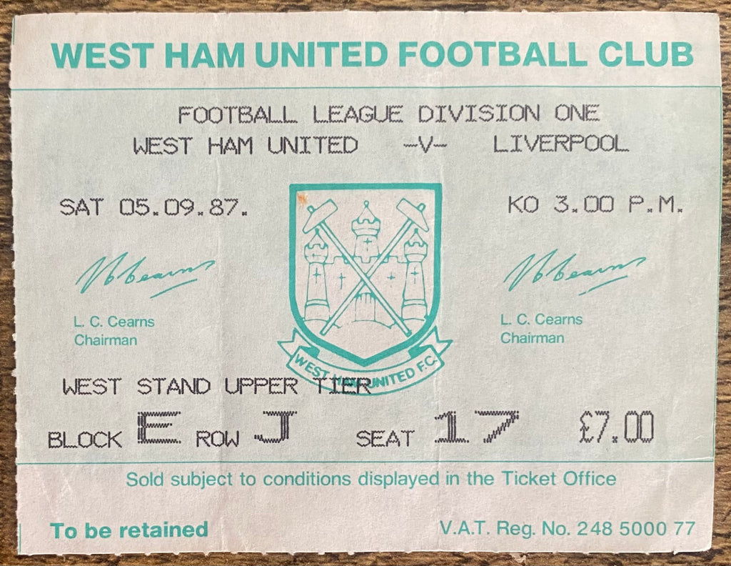 1987/88 ORIGINAL DIVISION ONE TICKET WEST HAM UNITED V LIVERPOOL