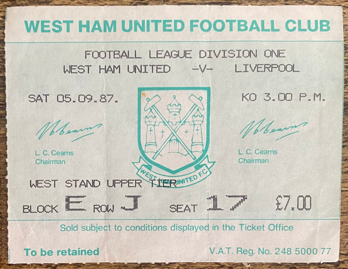 1987/88 ORIGINAL DIVISION ONE TICKET WEST HAM UNITED V LIVERPOOL