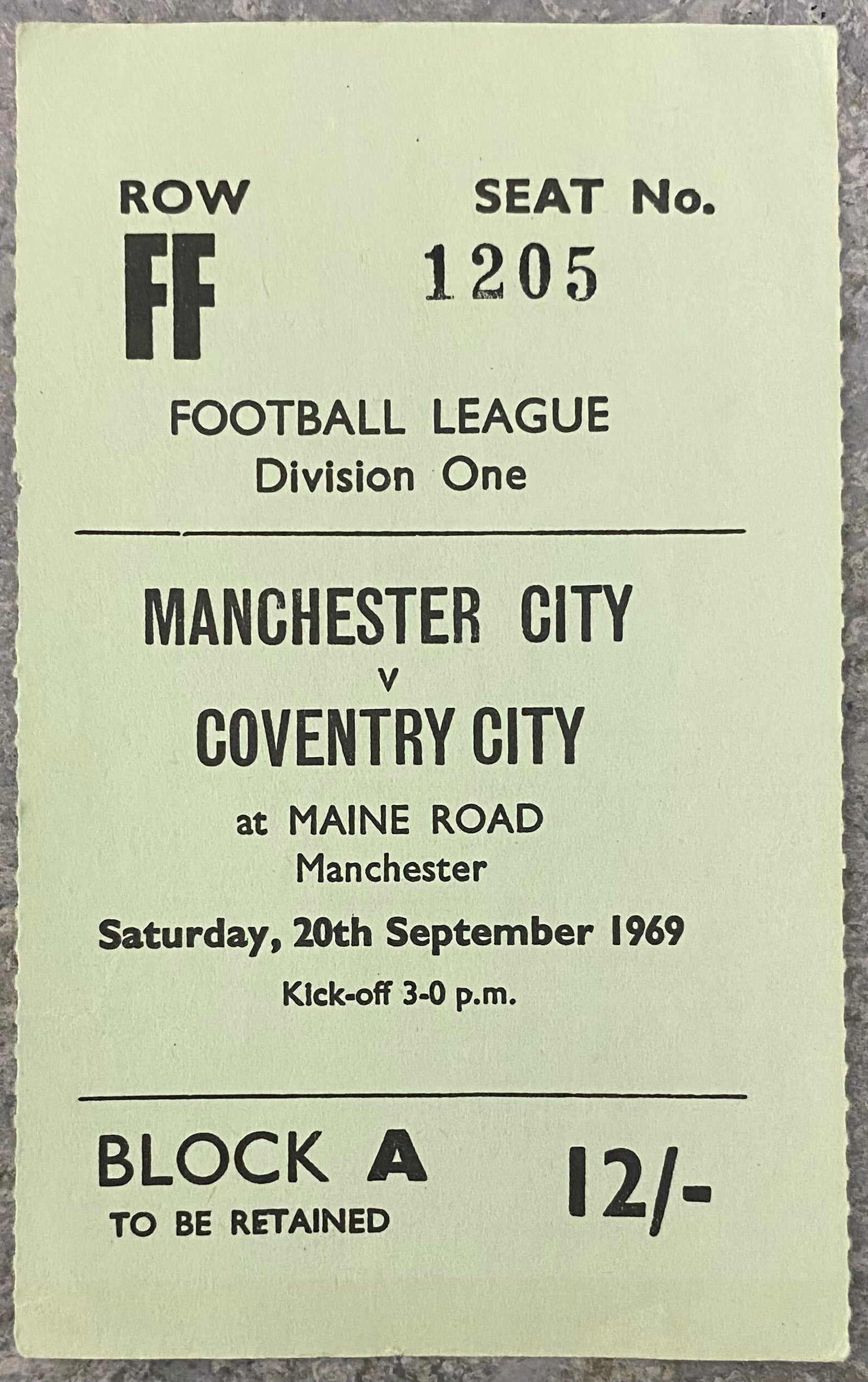 1969/70 ORIGINAL DIVISION 1 TICKET MANCHESTER CITY V COVENTRY CITY