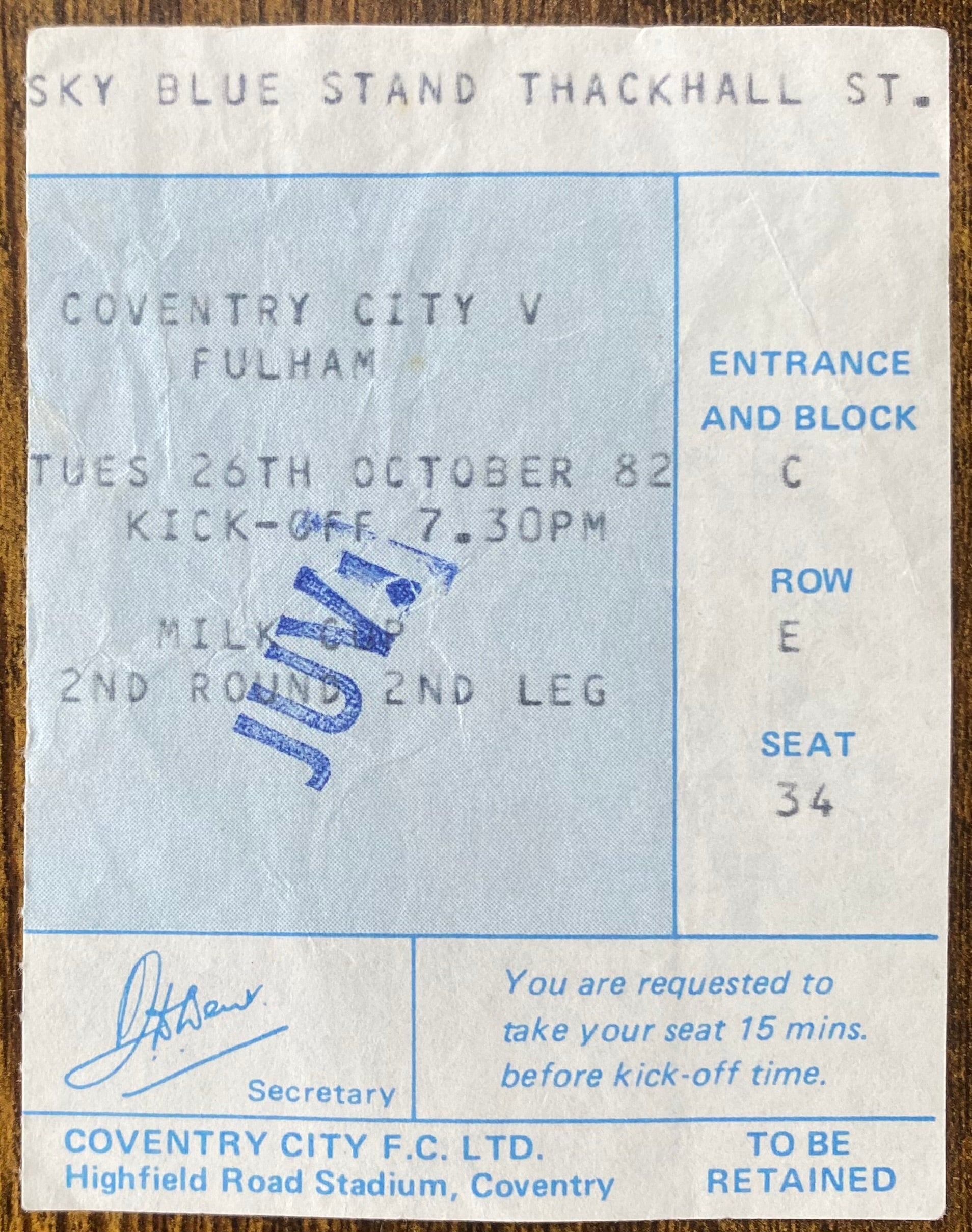 1982/83 ORIGINAL MILK CUP 2ND ROUND 2ND LEG TICKET COVENTRY CITY V FULHAM