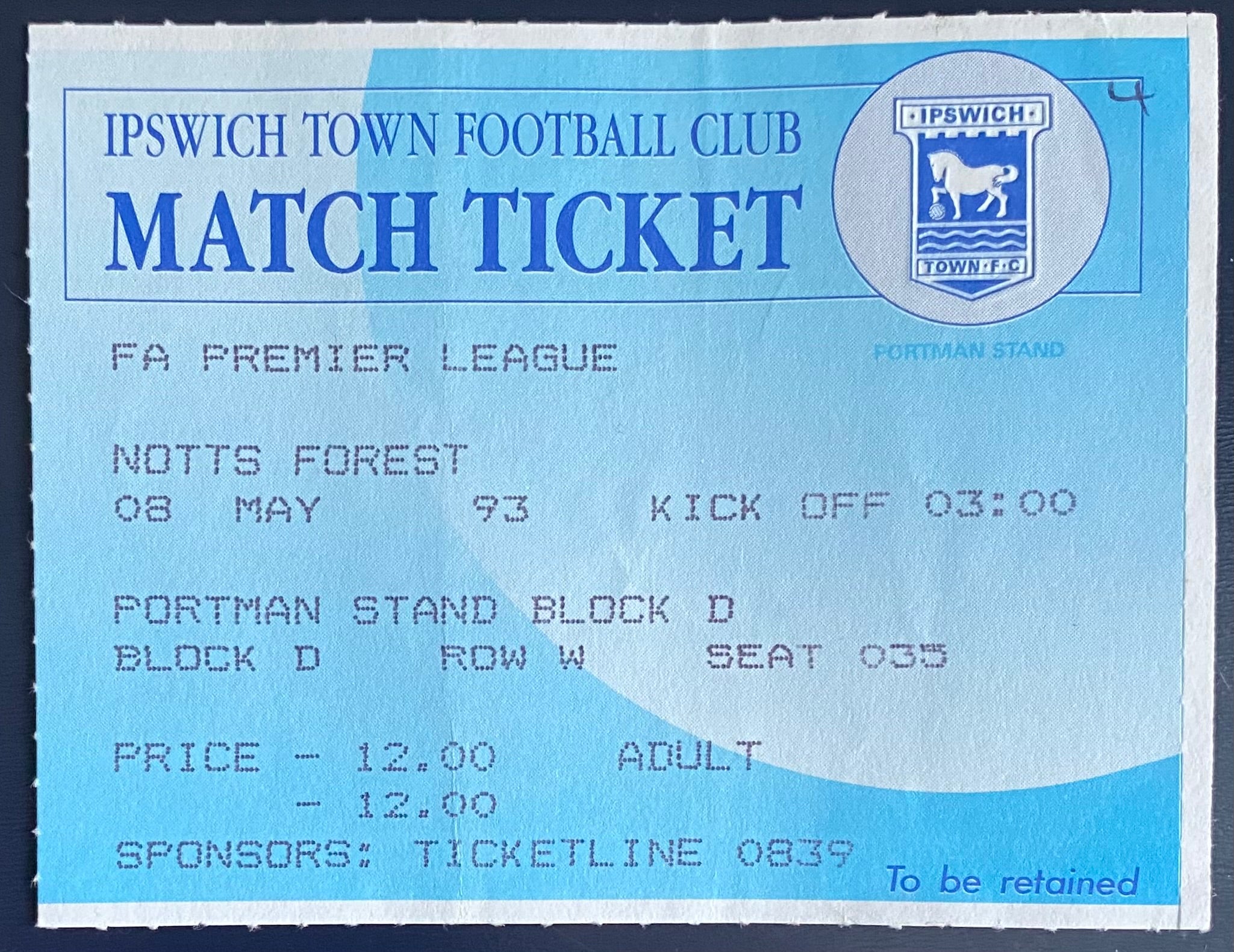 1992/93 ORIGINAL PREMIER LEAGUE TICKET IPSWICH TOWN V NOTTINGHAM FOREST