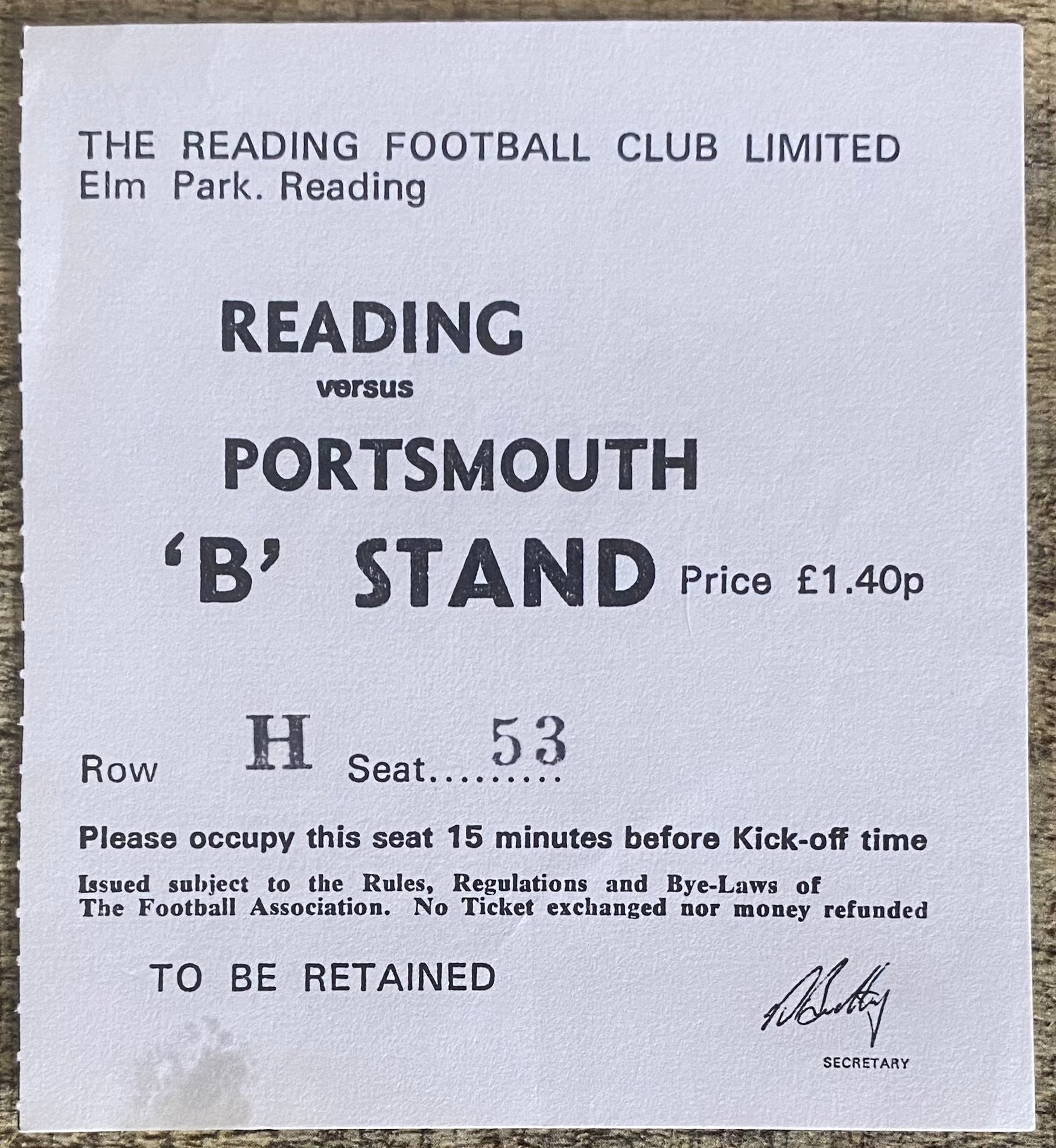 1976/77 ORIGINAL DIVISION 3 TICKET READING V PORTSMOUTH