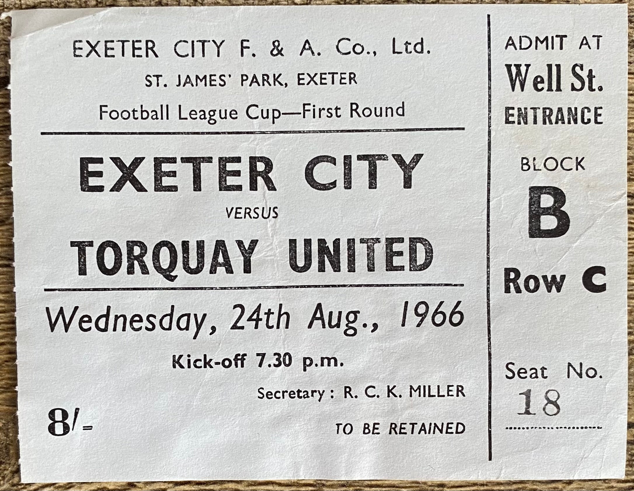 1966/67 ORIGINAL LEAGUE CUP 1ST ROUND TICKET EXETER CITY V TORQUAY UNITED