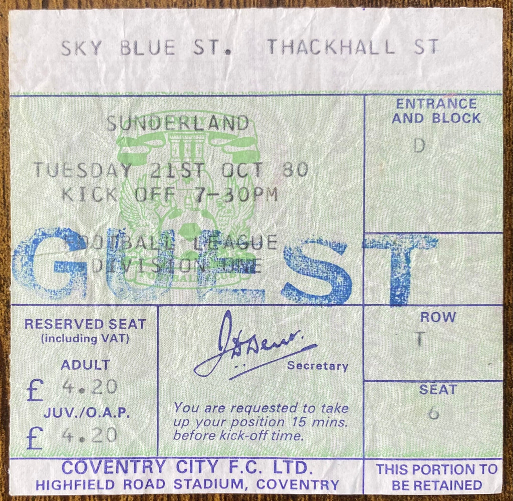 1980/81 ORIGINAL DIVISION 1 TICKET COVENTRY CITY V SUNDERLAND