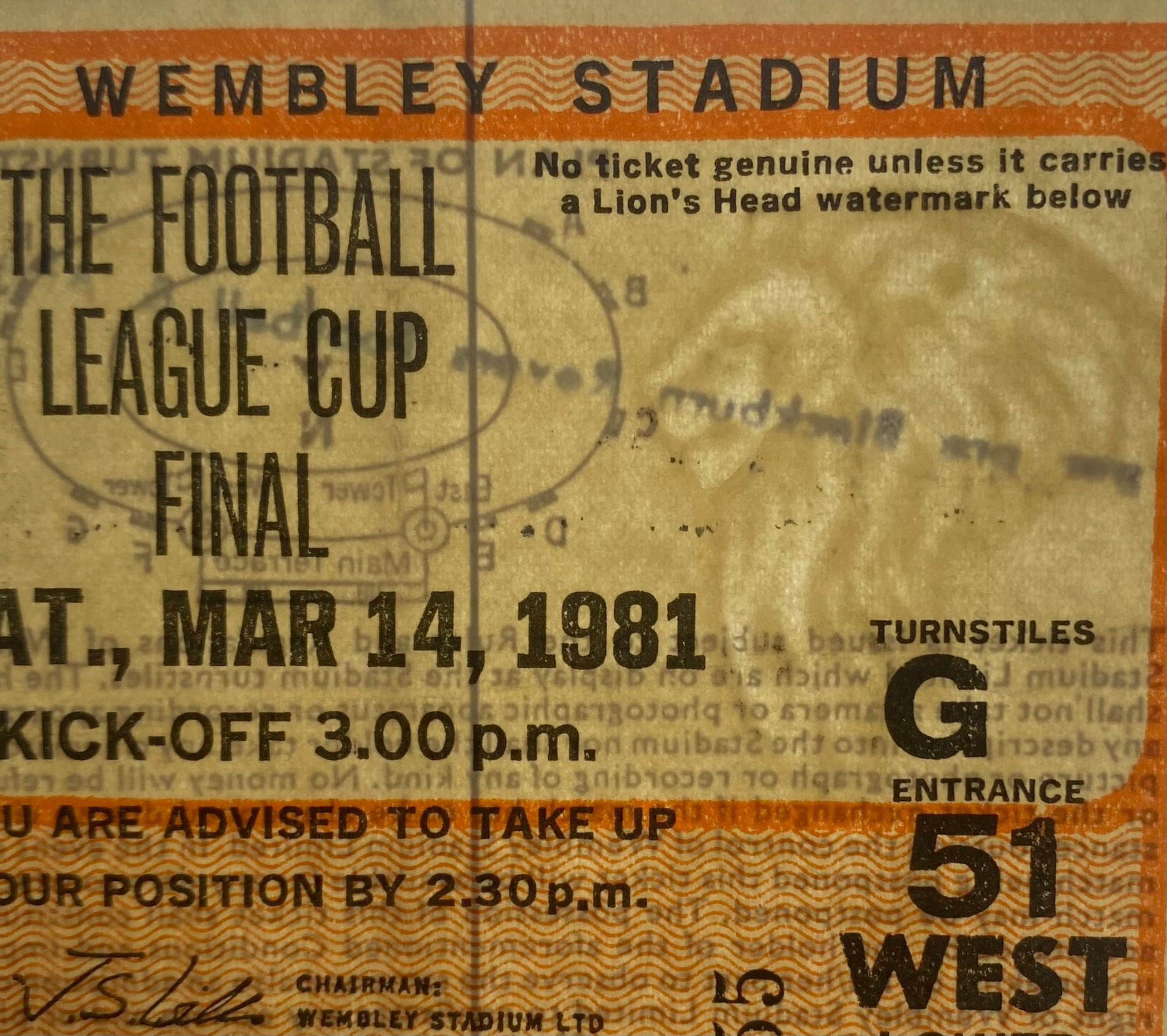 1981 ORIGINAL LEAGUE CUP FINAL TICKET LIVERPOOL V WEST HAM UNITED