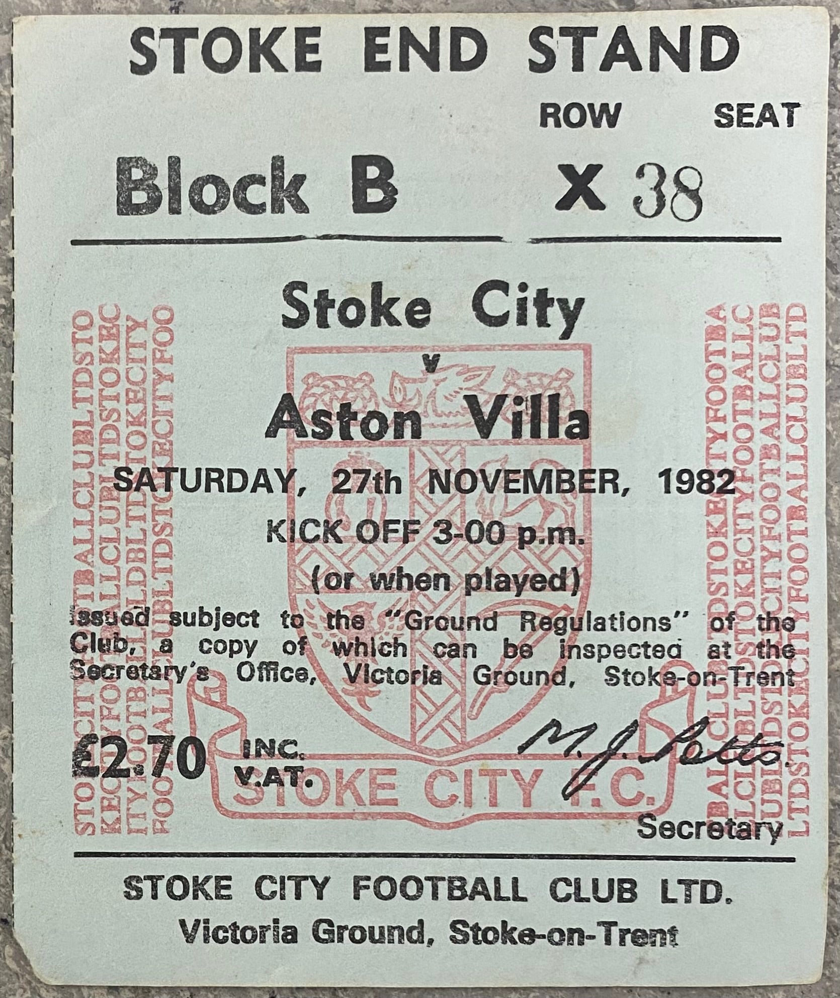 1982/83 ORIGINAL DIVISION 1 TICKET STOKE CITY V ASTON VILLA