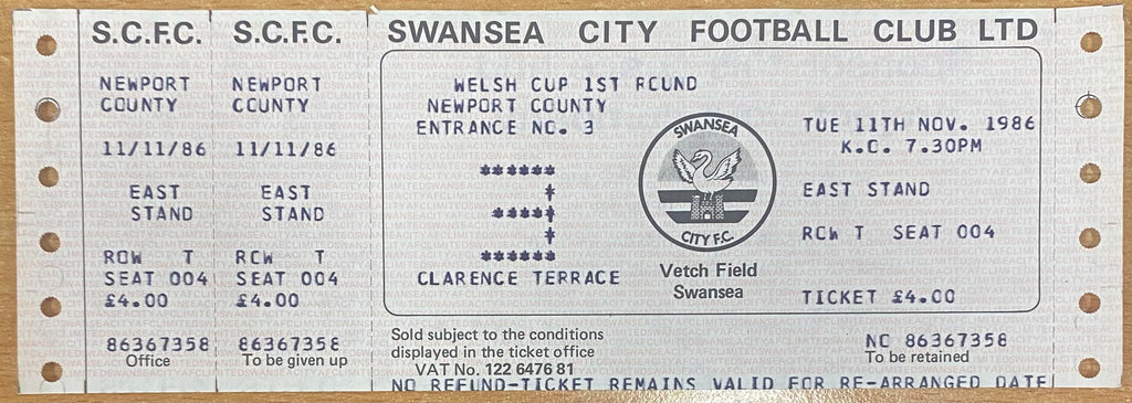 1986/87 ORIGINAL WELSH CUP 1ST ROUND TICKET SWANSEA CITY V NEWPORT COUNTY