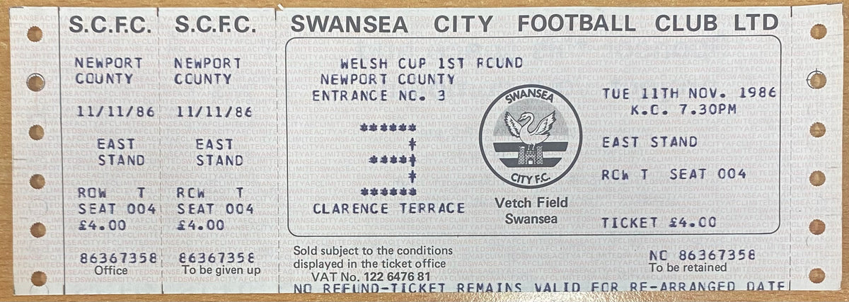 1986/87 ORIGINAL WELSH CUP 1ST ROUND TICKET SWANSEA CITY V NEWPORT COUNTY