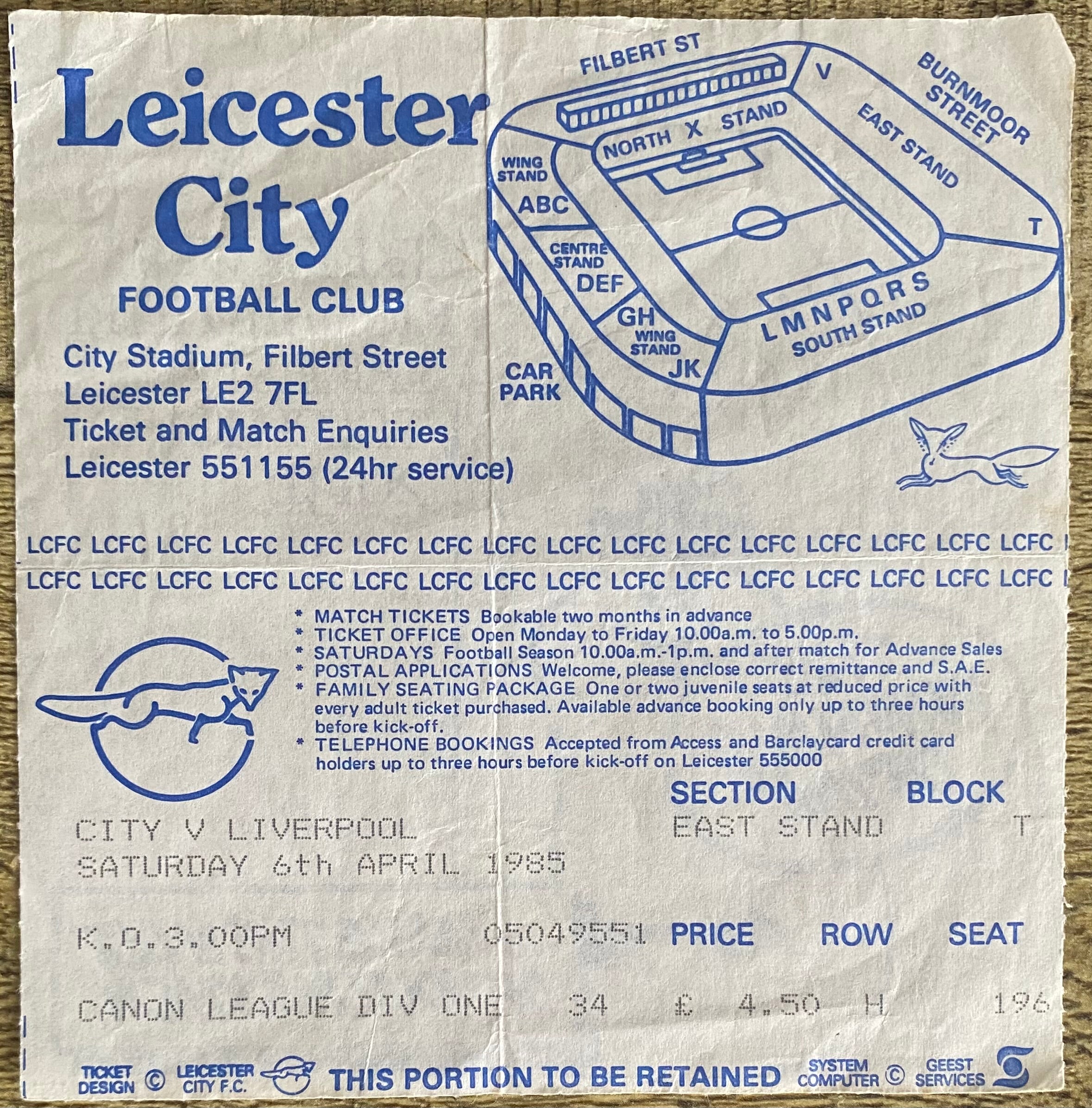 1984/85 ORIGINAL DIVISION 1 TICKET LEICESTER CITY V LIVERPOOL