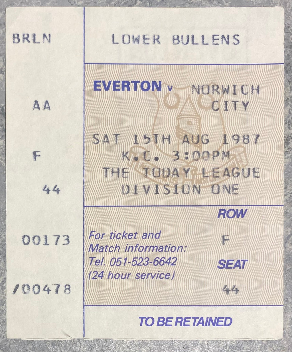 1987/88 ORIGINAL DIVISION ONE TICKET EVERTON V NORWICH CITY