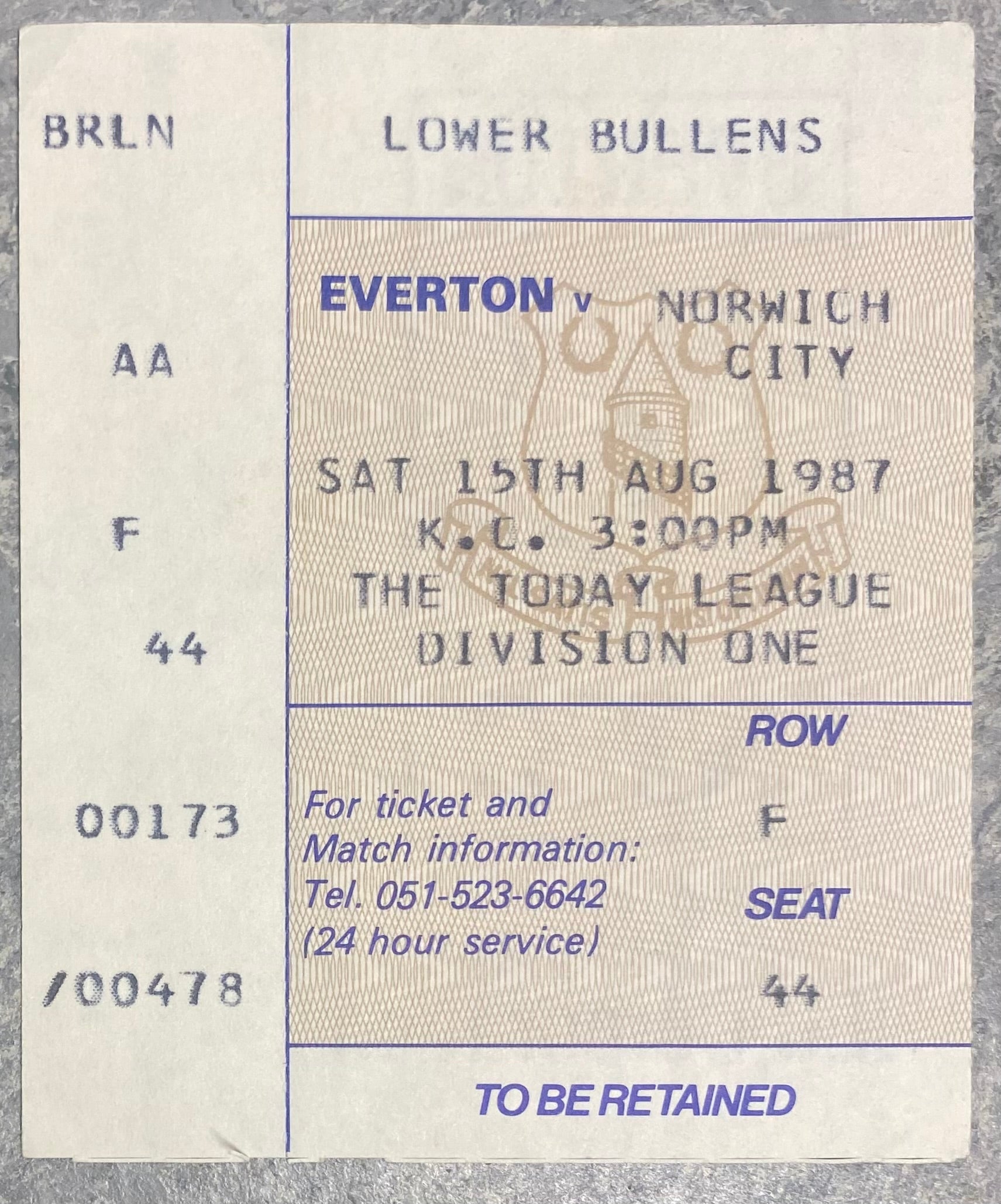 1987/88 ORIGINAL DIVISION ONE TICKET EVERTON V NORWICH CITY
