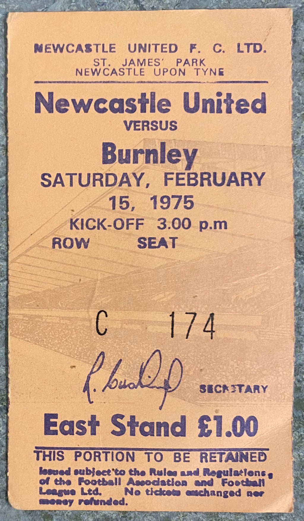 1974/75 ORIGINAL DIVISION 1 TICKET NEWCASTLE UNITED V BURNLEY