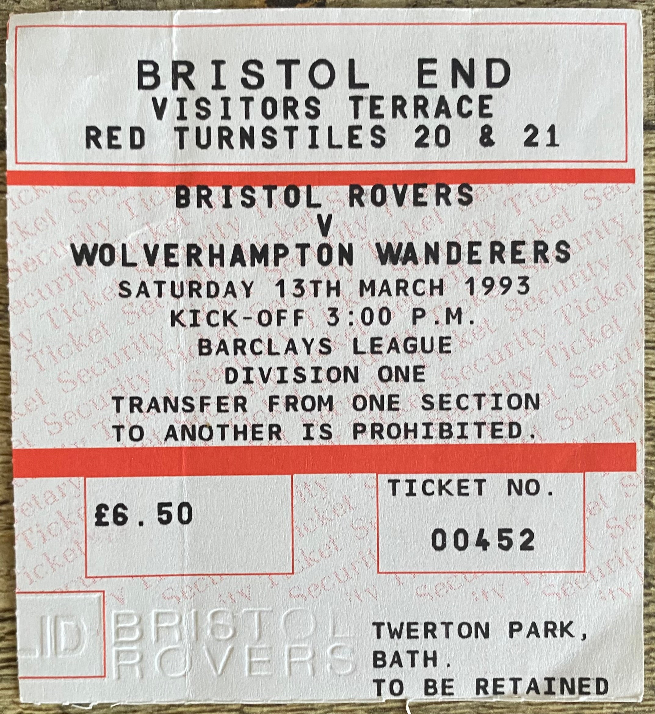 1992/93 ORIGINAL DIVISION 1 TICKET BRISTOL ROVERS V WOLVERHAMPTON WANDERERS