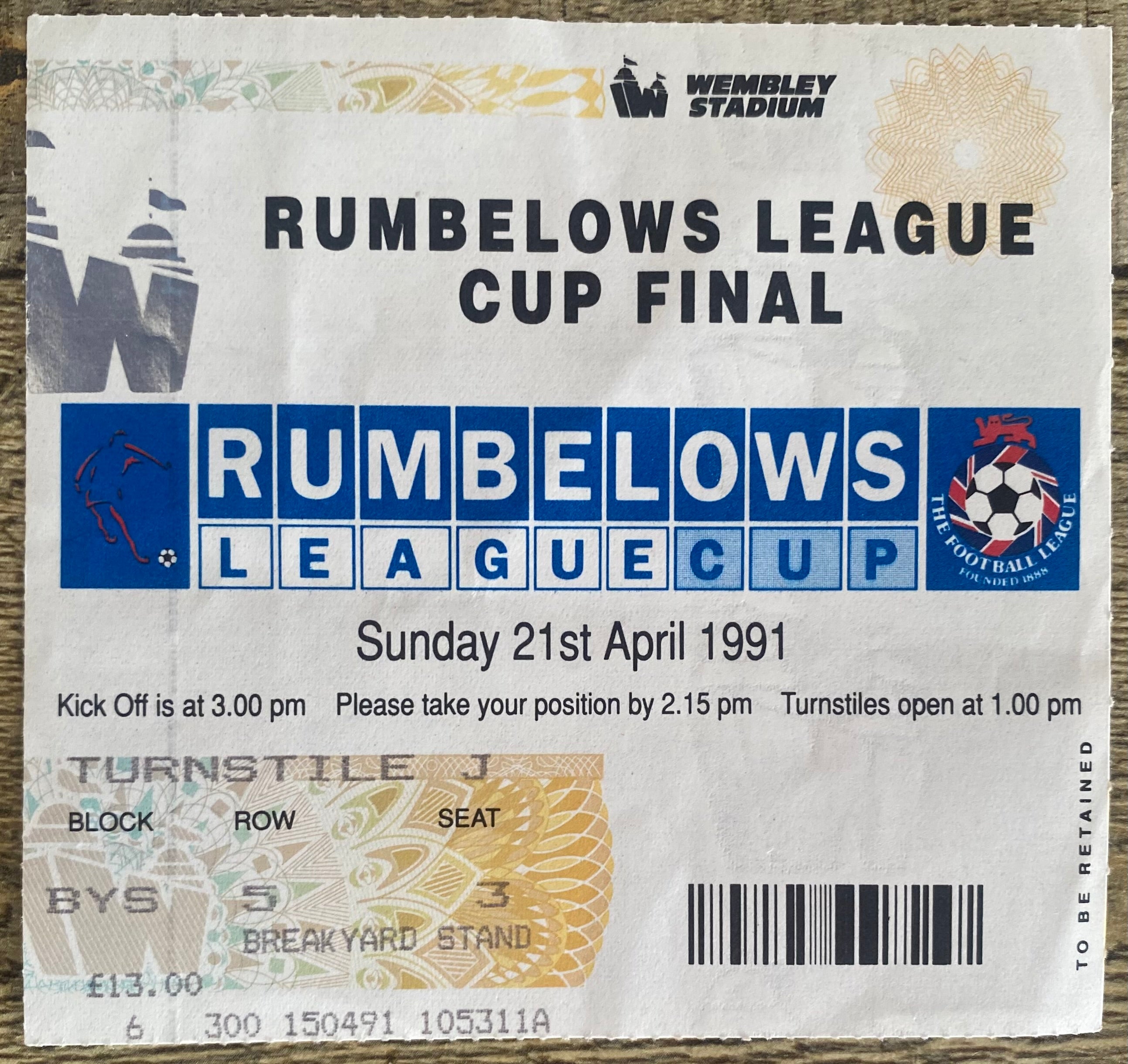 1991 ORIGINAL RUMBELOWS CUP FINAL TICKET MANCHESTER UNITED V SHEFFIELD WEDNESDAY