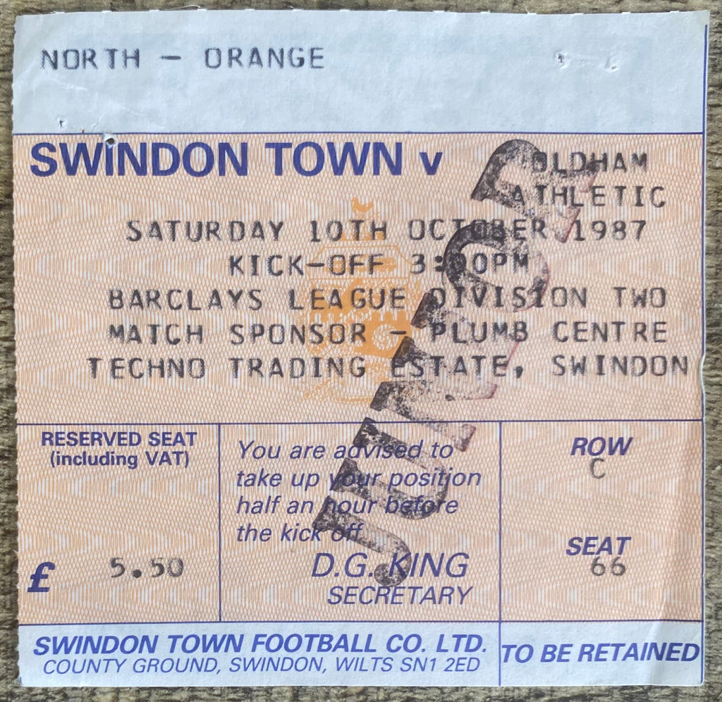 1987/88 ORIGINAL DIVISION 2 TICKET SWINDON TOWN V OLDHAM ATHLETIC