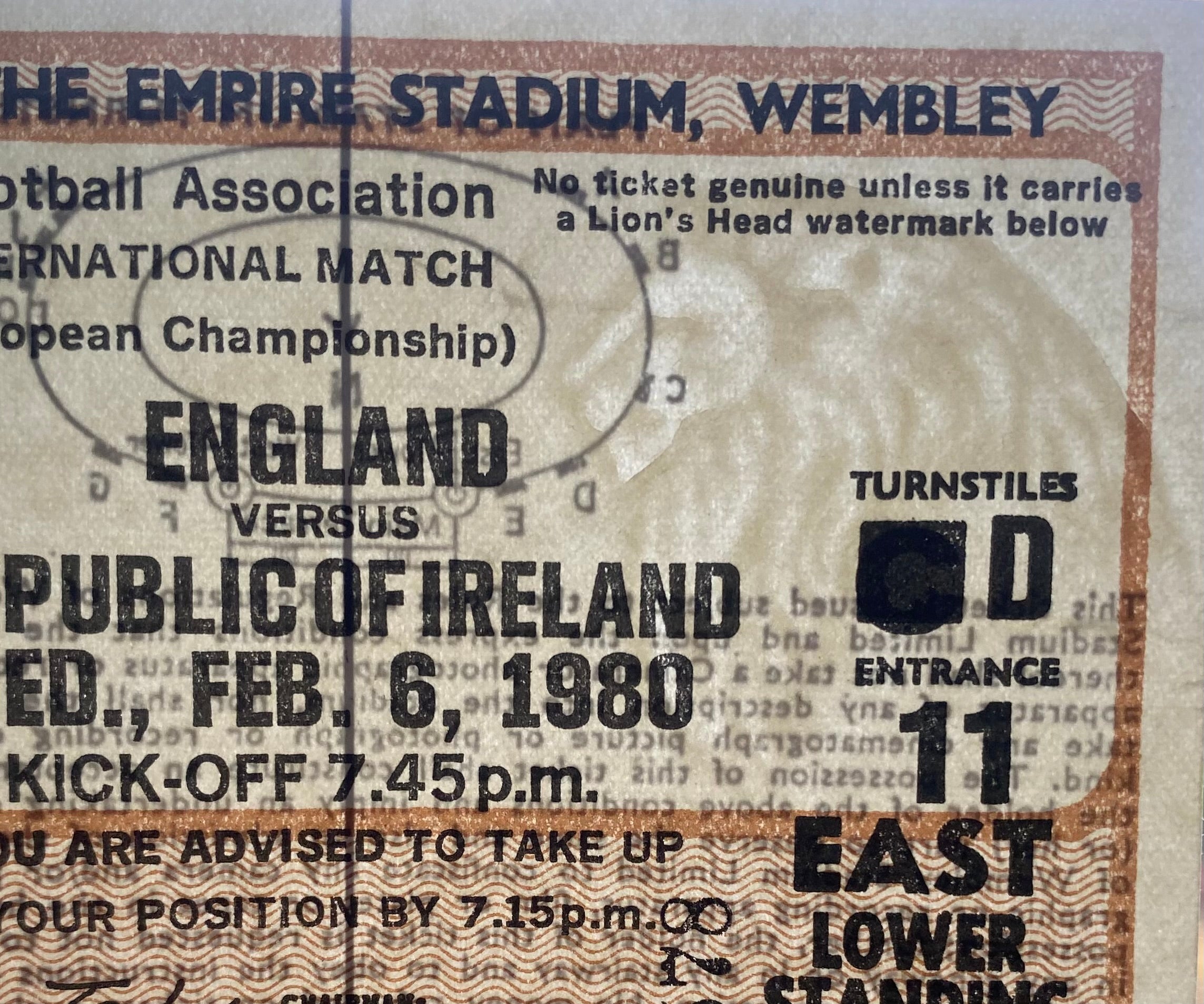 1980 ORIGINAL EUROPEAN CHAMPIONSHIPS QUALIFYING TICKET ENGLAND V REPUBLIC OF IRELAND