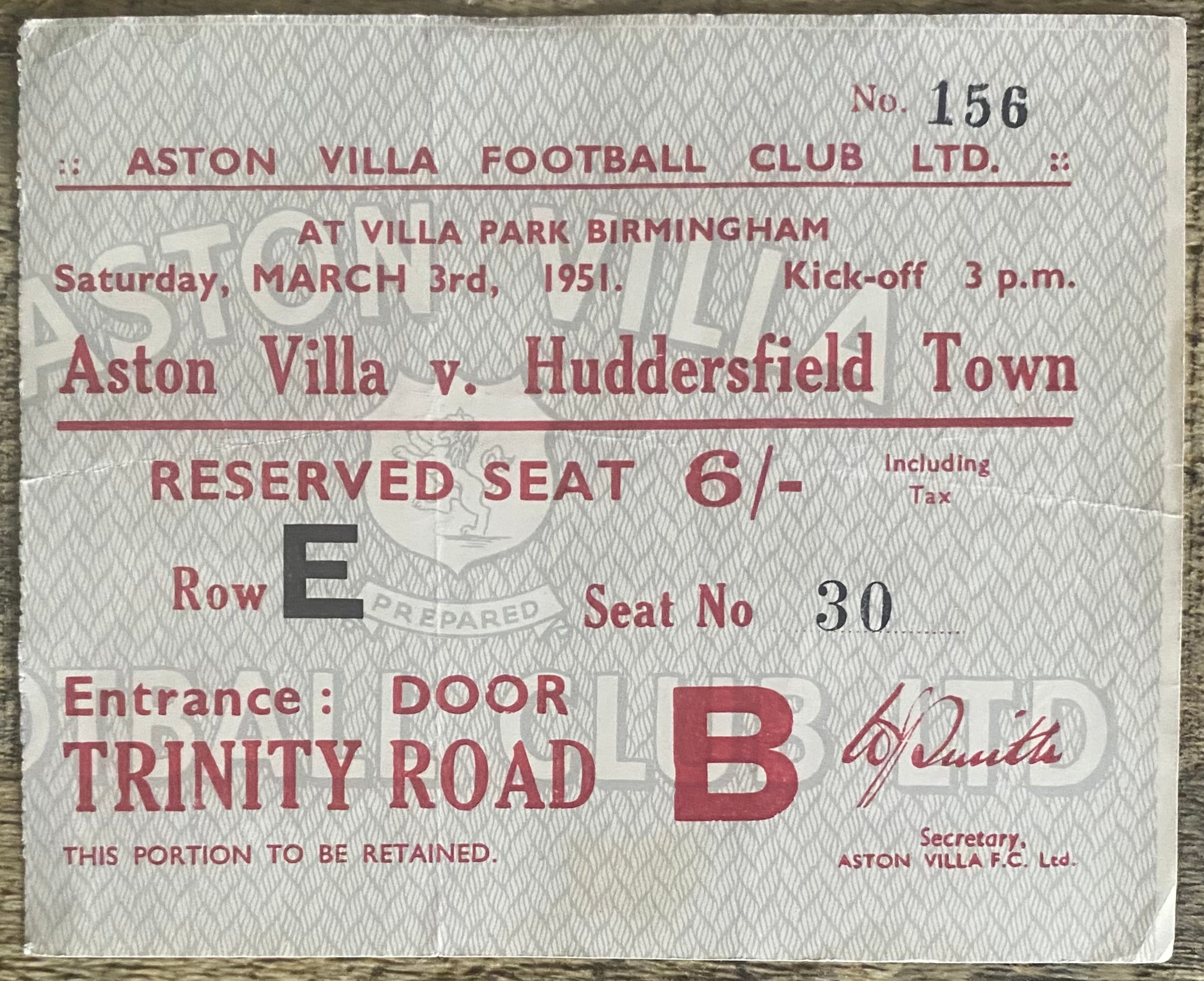1950/51 ORIGINAL DIVISION 1 TICKET ASTON VILLA V HUDDERSFIELD TOWN