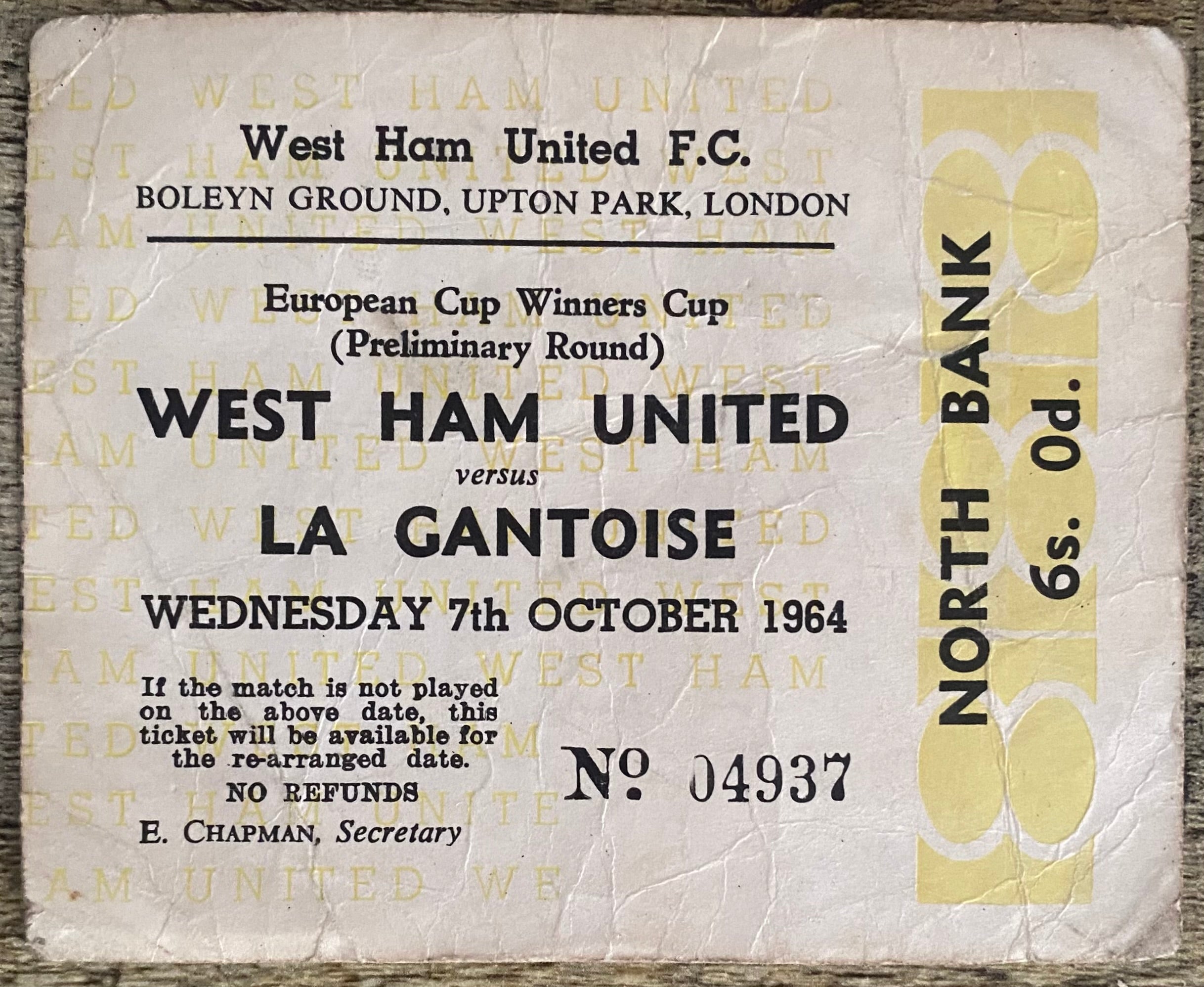 1964/65 ORIGINAL EUROPEAN CUP WINNERS CUP PRELIMINARY ROAD TICKET WEST HAM UNITED V LA GANTOISE