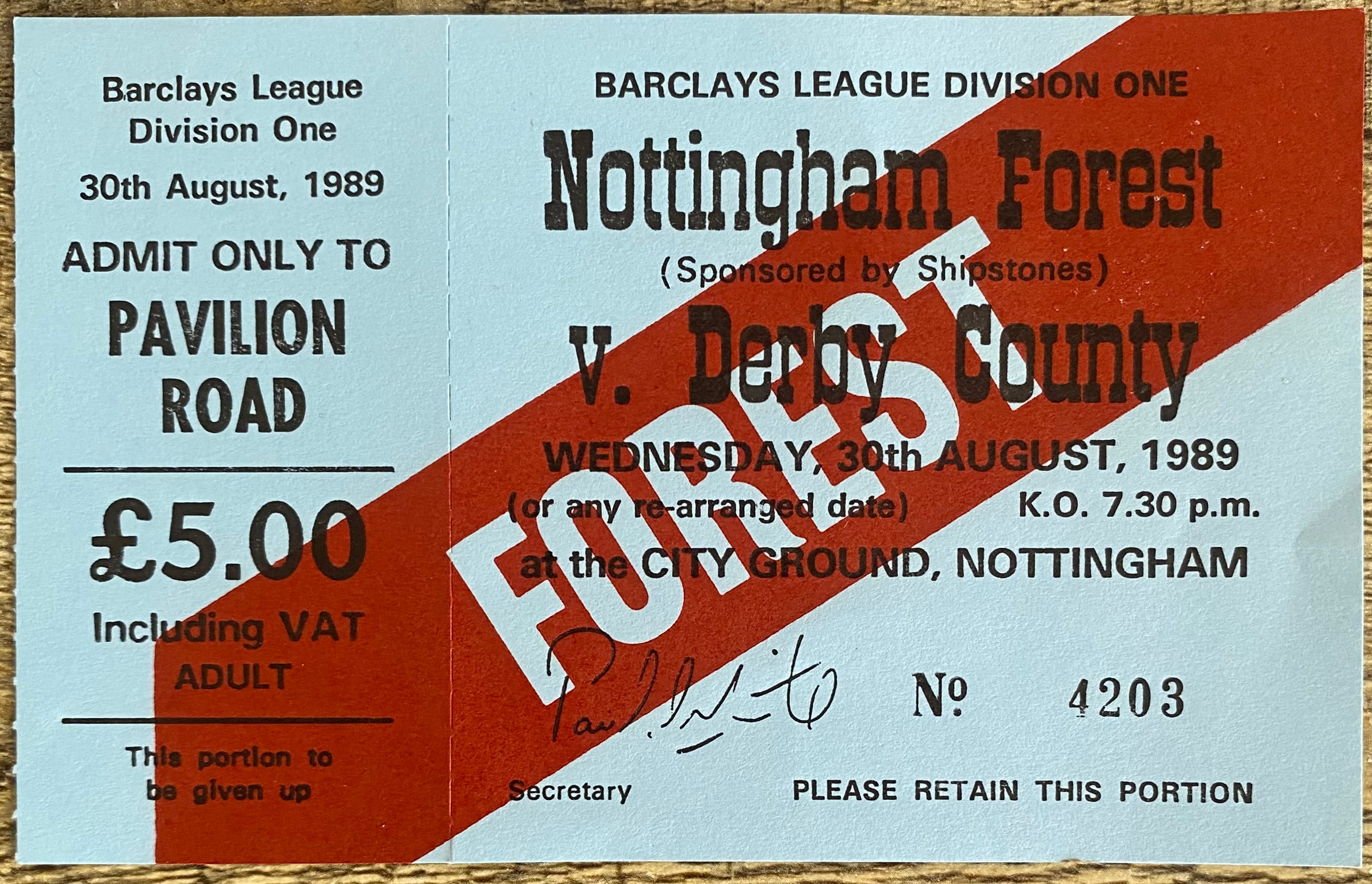 1989/90 ORIGINAL DIVISION ONE UNUSED TICKET NOTTINGHAM FOREST V DERBY COUNTY