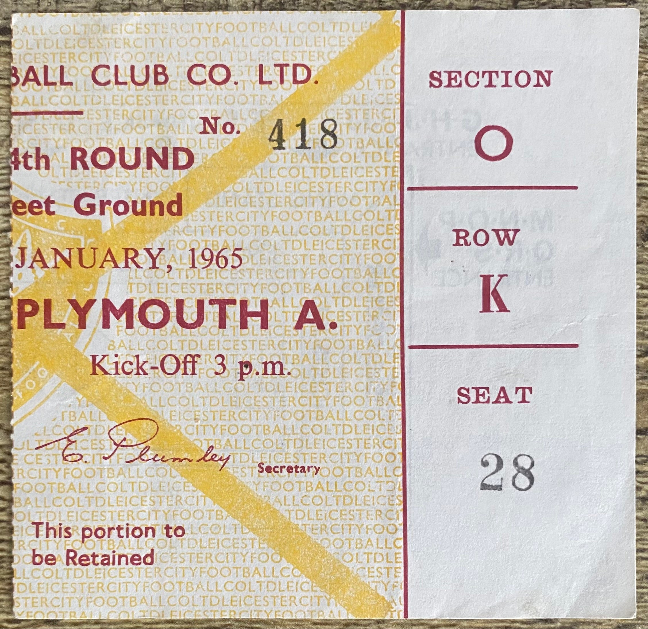 1964/65 ORIGINAL FA CUP 4TH  ROUND TICKET LEICESTER CITY V PLYMOUTH ARGYLE