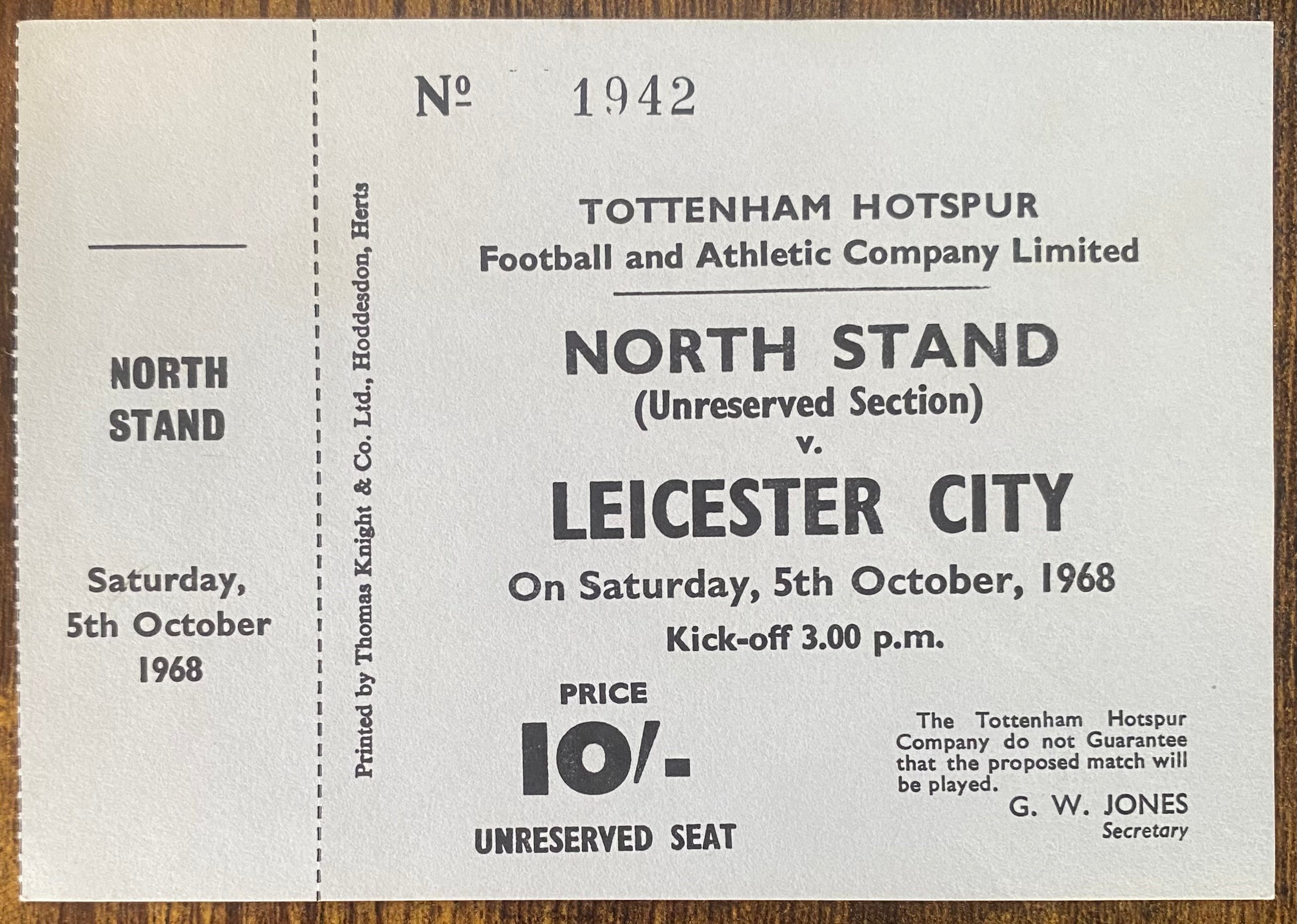 1968/69 ORIGINAL DIVISION ONE UNUSED TICKET TOTTENHAM HOTSPUR V LEICESTER CITY