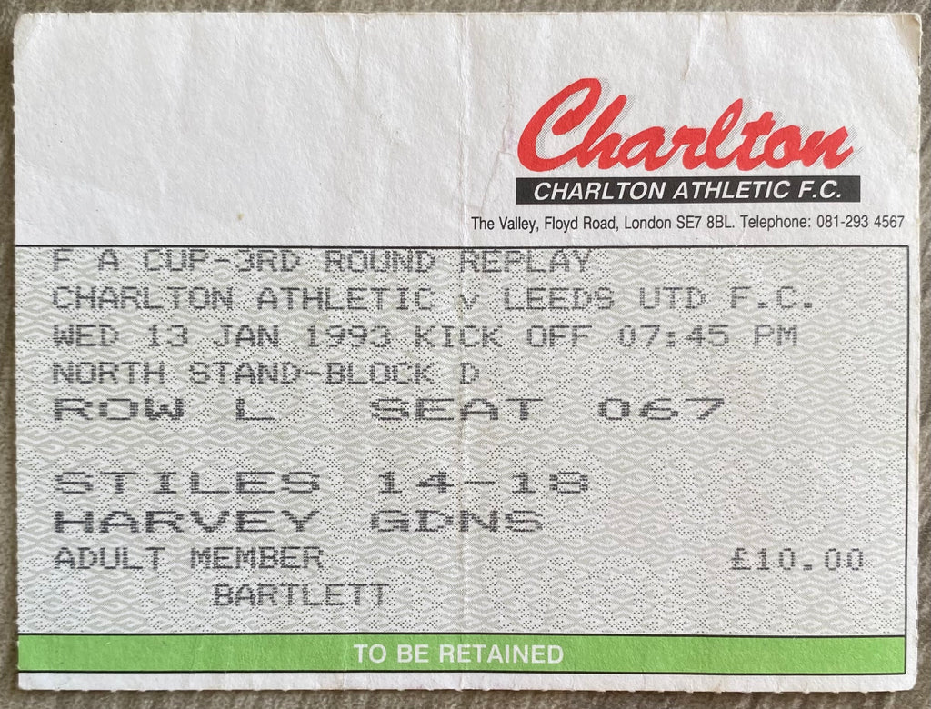 1992/93 ORIGINAL FA CUP 3RD ROUND TICKET CHARLTON ATHLETIC V LEEDS UNITED