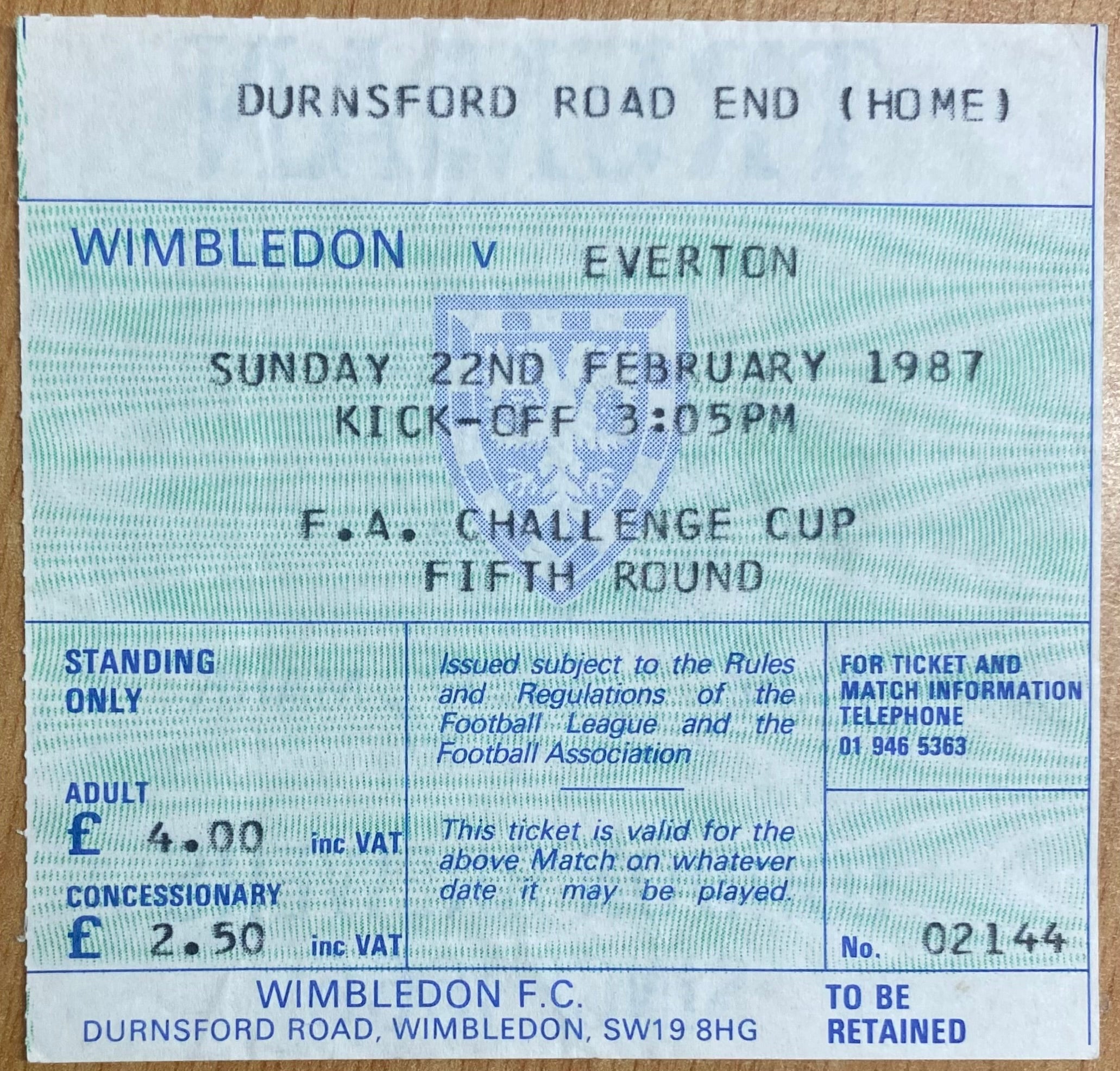 1986/87 ORIGINAL FA CUP 5TH ROUND TICKET WIMBLEDON V EVERTON