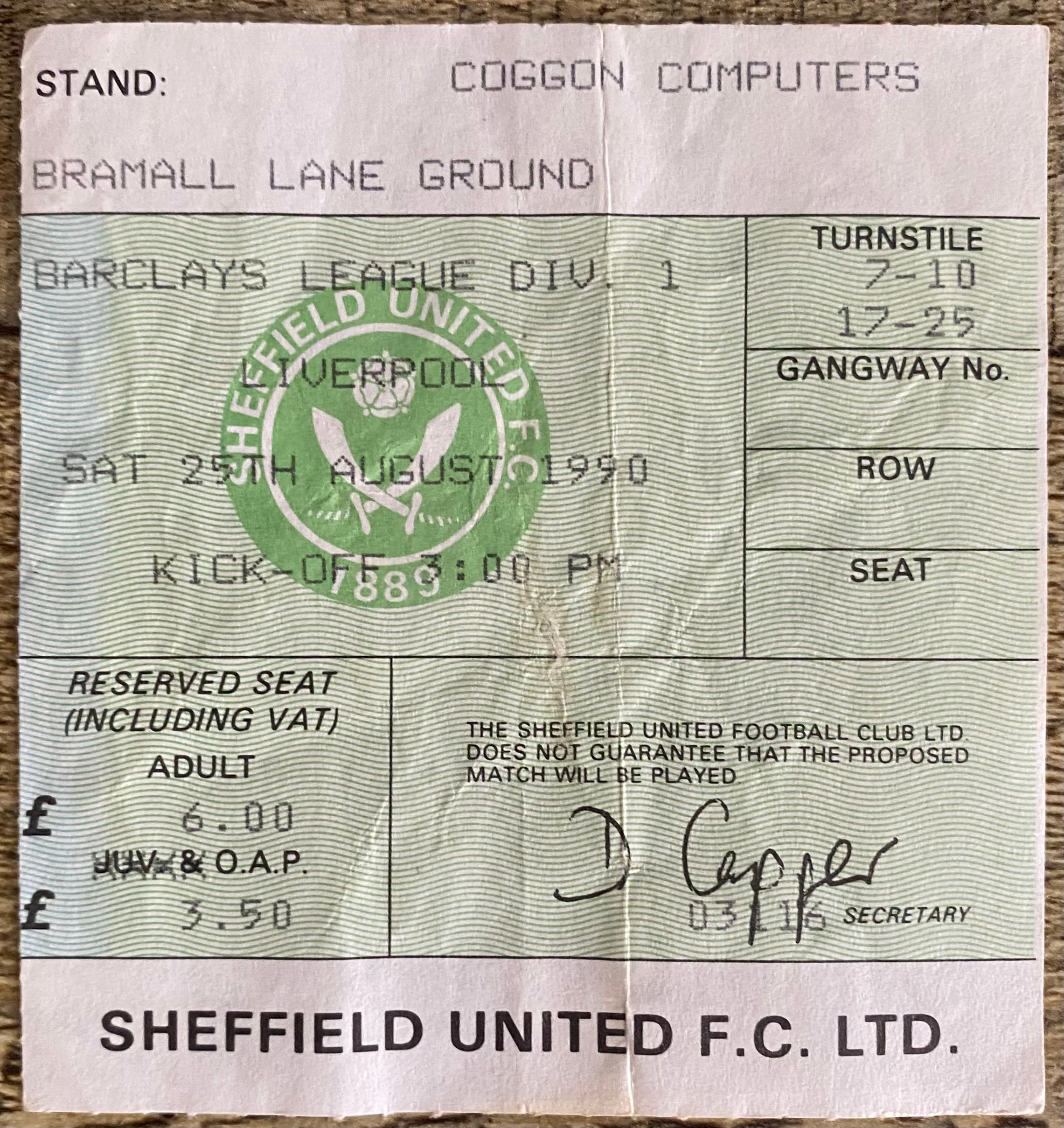 1990/91 ORIGINAL DIVISION ONE TICKET SHEFFIELD UNITED V LIVERPOOL