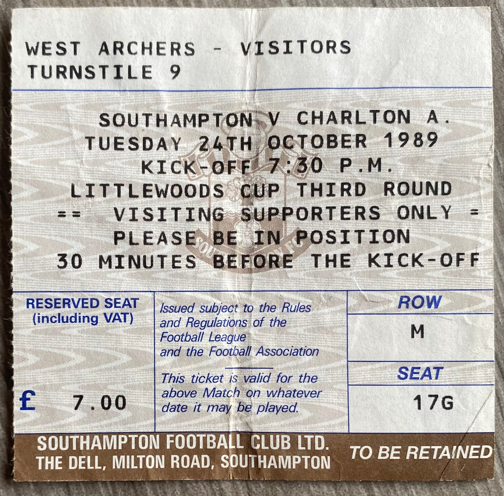 1989/90 ORIGINAL LITTLEWOODS CUP 3RD ROUND TICKET SOUTHAMPTON V CHARLTON ATHLETIC