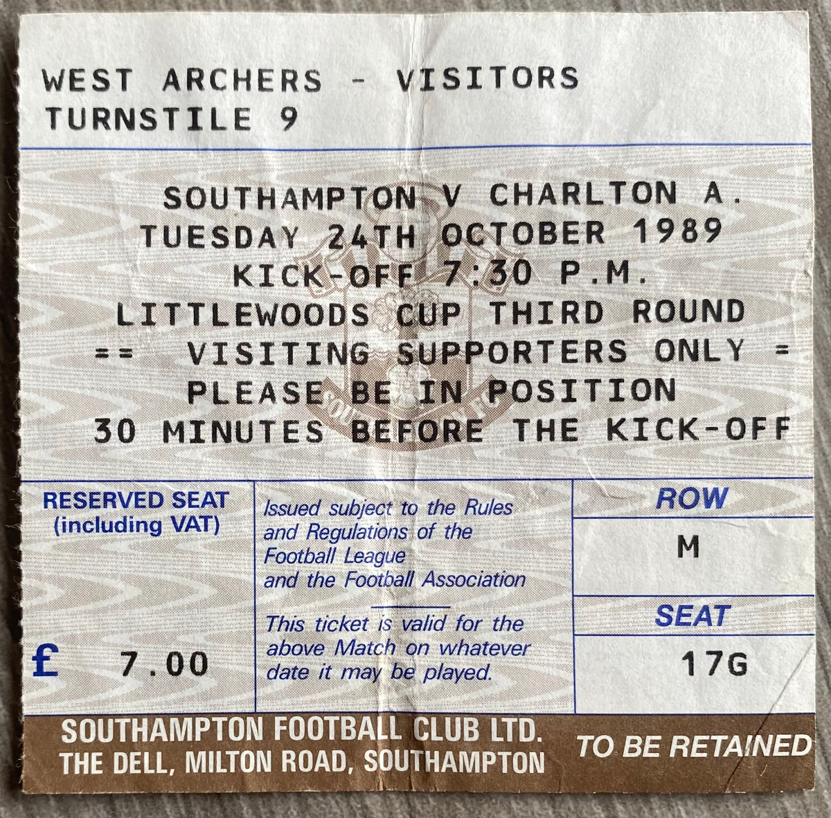1989/90 ORIGINAL LITTLEWOODS CUP 3RD ROUND TICKET SOUTHAMPTON V CHARLTON ATHLETIC