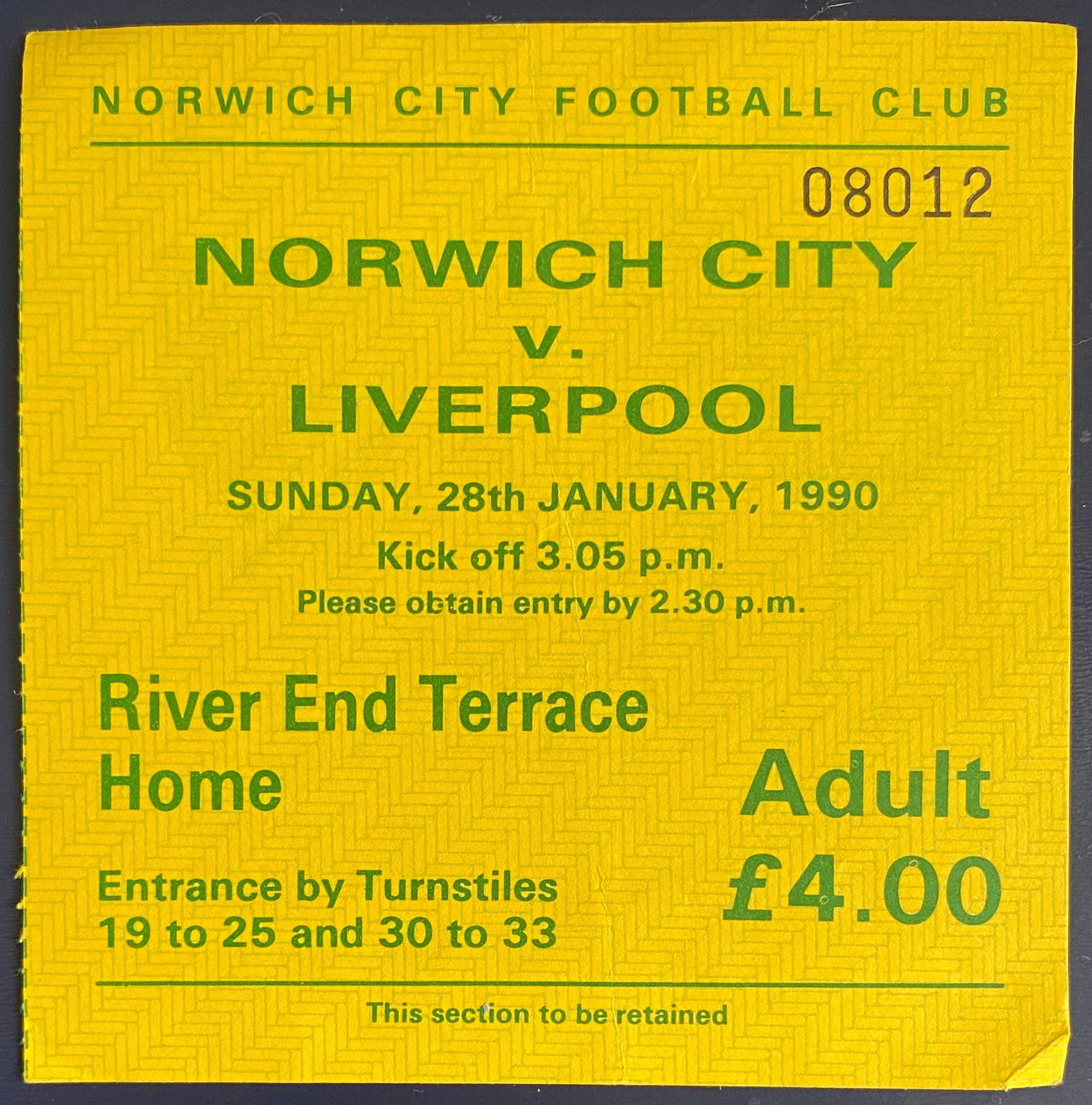1989/90 ORIGINAL DIVISION 1 TICKET NORWICH CITY V LIVERPOOL