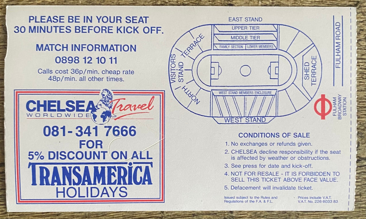 1991/92 ORIGINAL DIVISION ONE TICKET CHELSEA V MANCHESTER UNITED