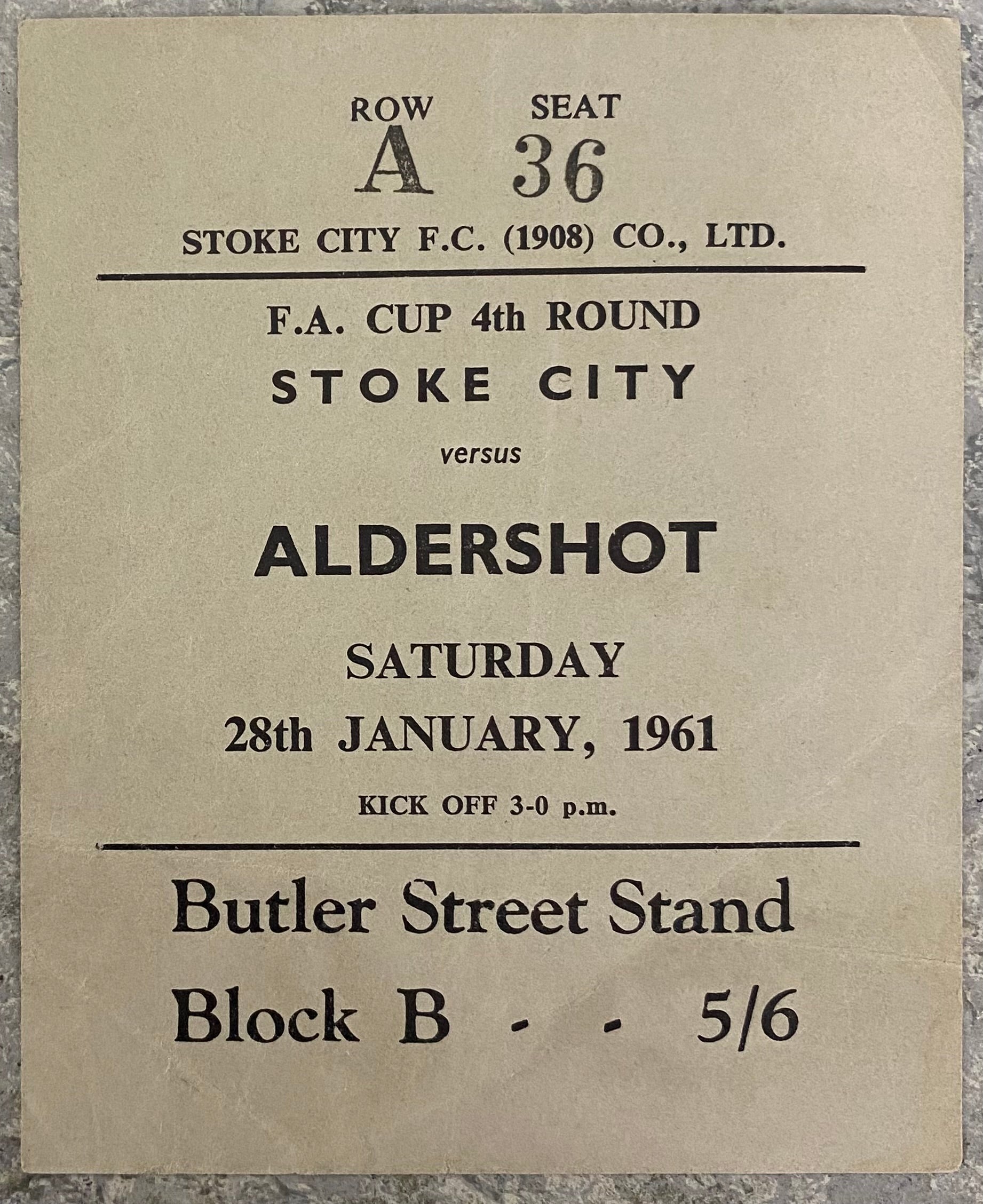 1960/61 ORIGINAL FA CUP 4TH ROUND TICKET STOKE CITY V ALDERSHOT