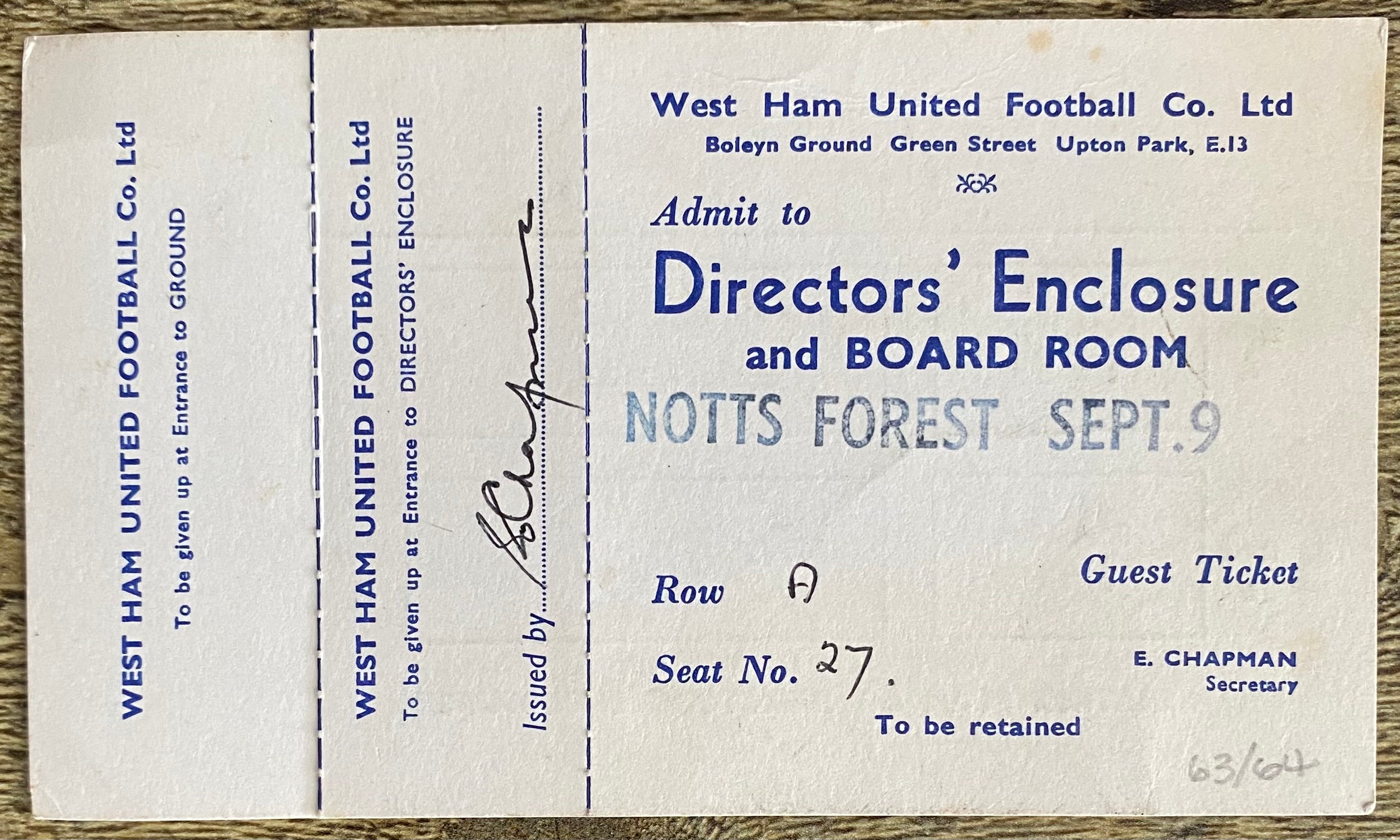1963/64 ORIGINAL DIVISION ONE DIRECTORS TICKET WEST HAM UNITED V NOTTINGHAM FOREST