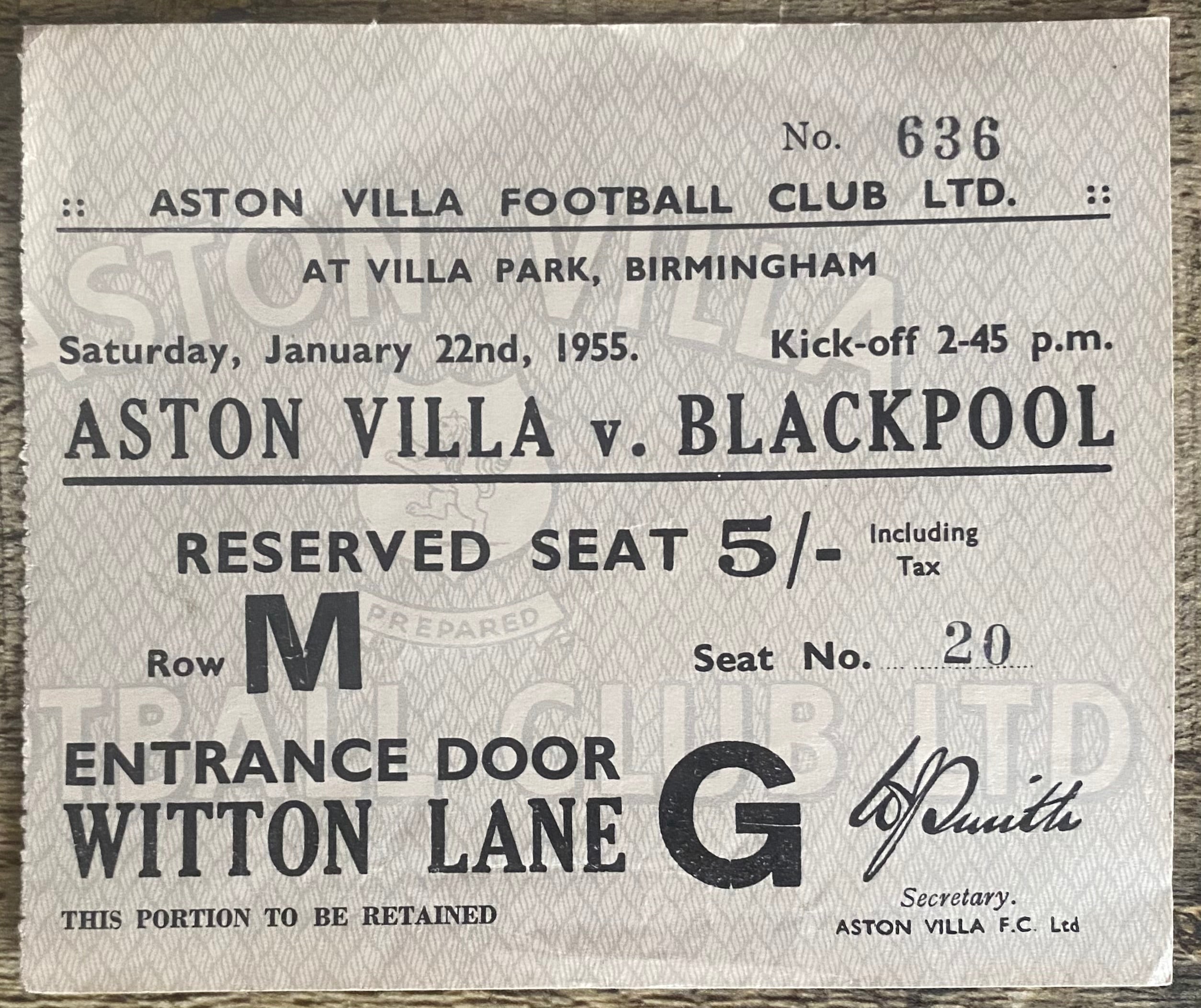 1954/55 ORIGINAL DIVISION 1 TICKET ASTON VILLA V BLACKPOOL