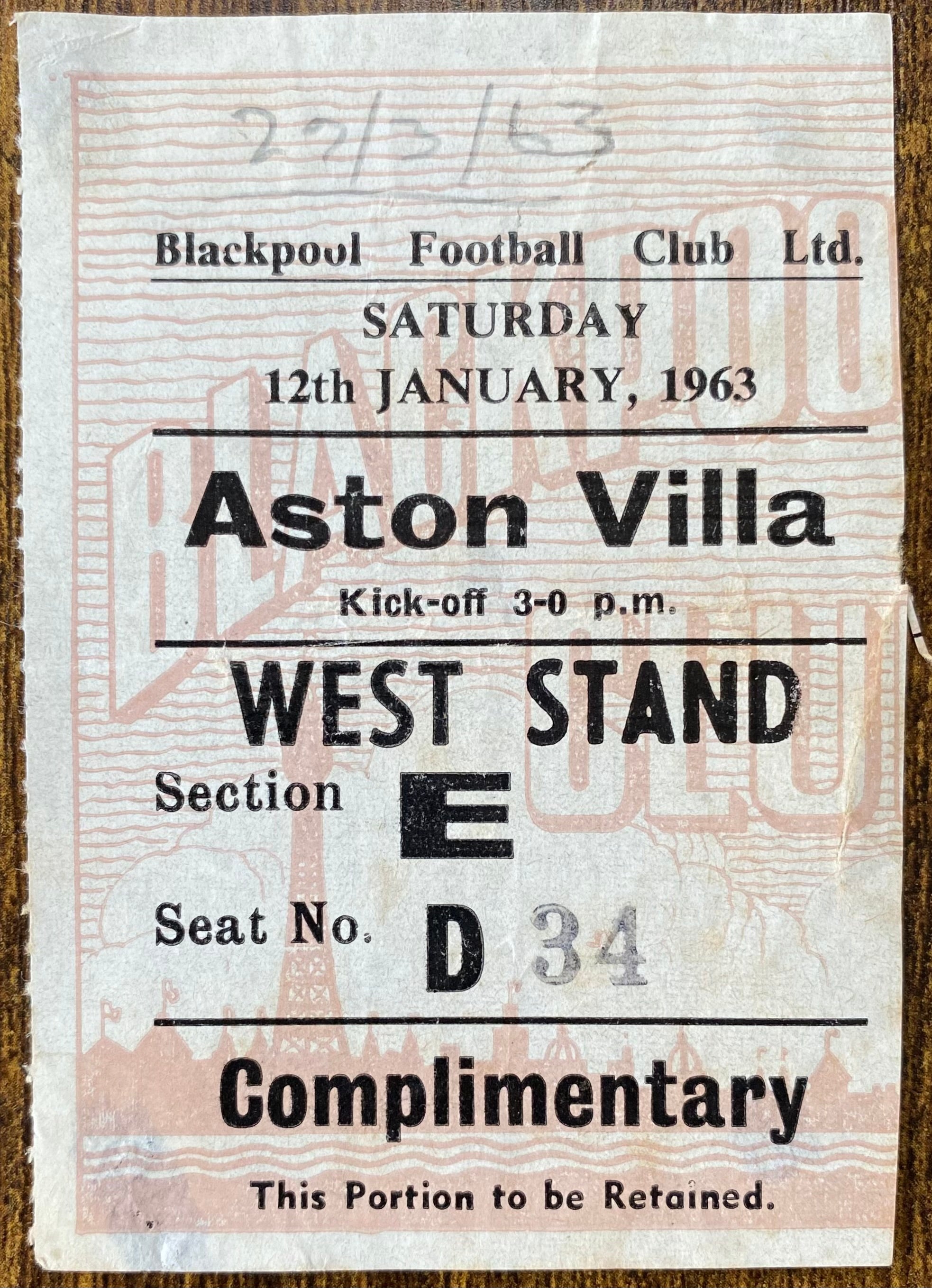 1962/63 ORIGINAL DIVISION 1 TICKET BLACKPOOL V ASTON VILLA
