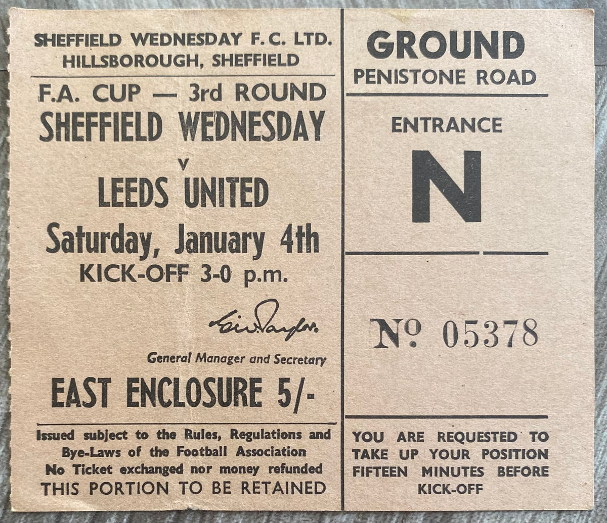 1968/69 ORIGINAL FA CUP 3RD ROUND TICKET SHEFFIELD WEDNESDAY V LEEDS UNITED