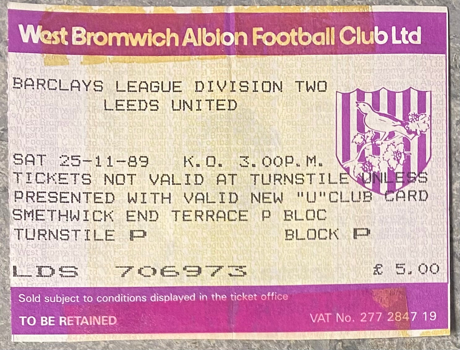 1989/90 ORIGINAL DIVISION TWO TICKET WEST BROMWICH ALBION V LEEDS UNITED