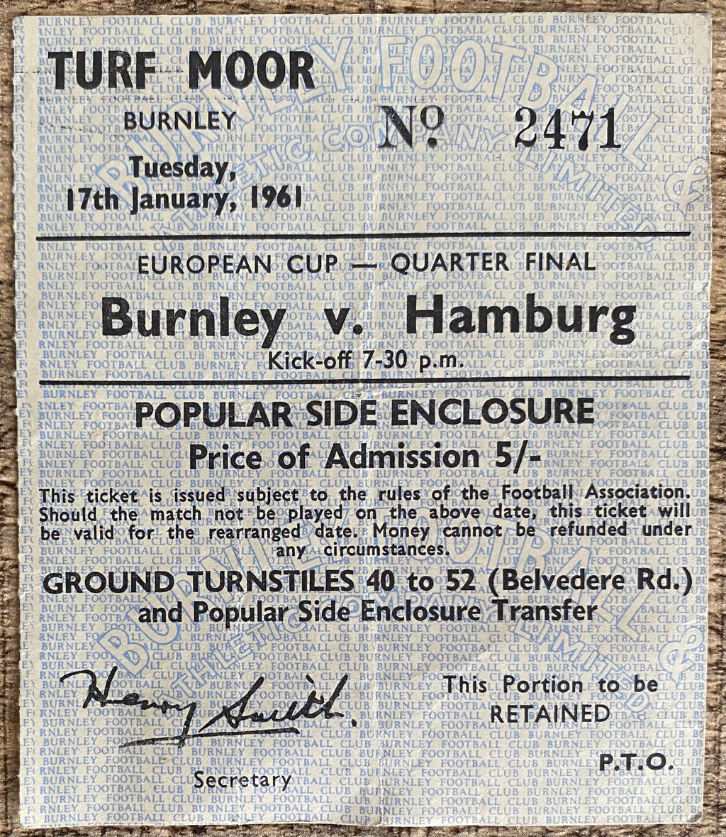 1960/61 ORIGINAL EUROPEAN CUP QUARTER FINAL 1ST LEG TICKET BURNLEY V HAMBURG SV