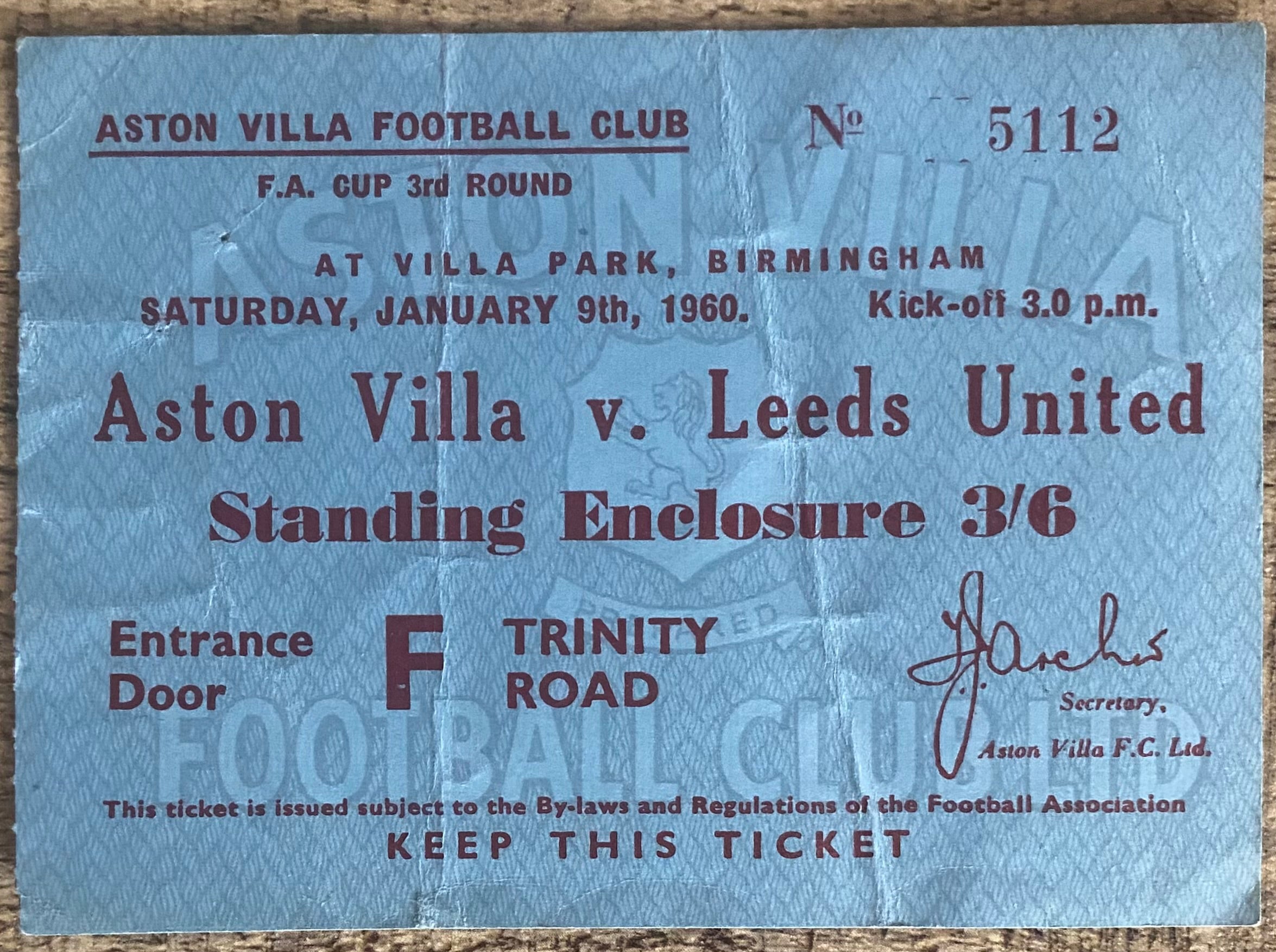 1959/60 ORIGINAL FA CUP 3RD ROUND TICKET ASTON VILLA V LEEDS UNITED