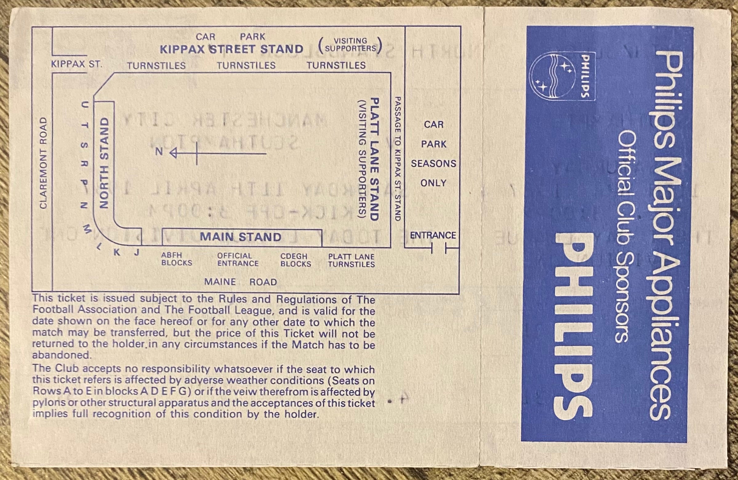 1986/87 ORIGINAL DIVISION 1 UNUSED TICKET MANCHESTER CITY V SOUTHAMPTON