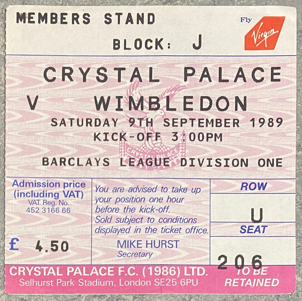 1989/90 ORIGINAL DIVISION ONE TICKET CRYSTAL PALACE V WIMBLEDON