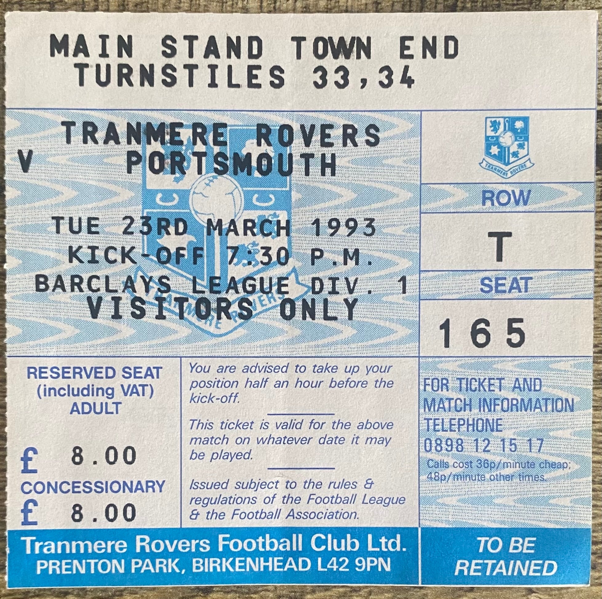 1992/93 ORIGINAL DIVISION 1 TICKET TRANMERE ROVERS V PORTSMOUTH