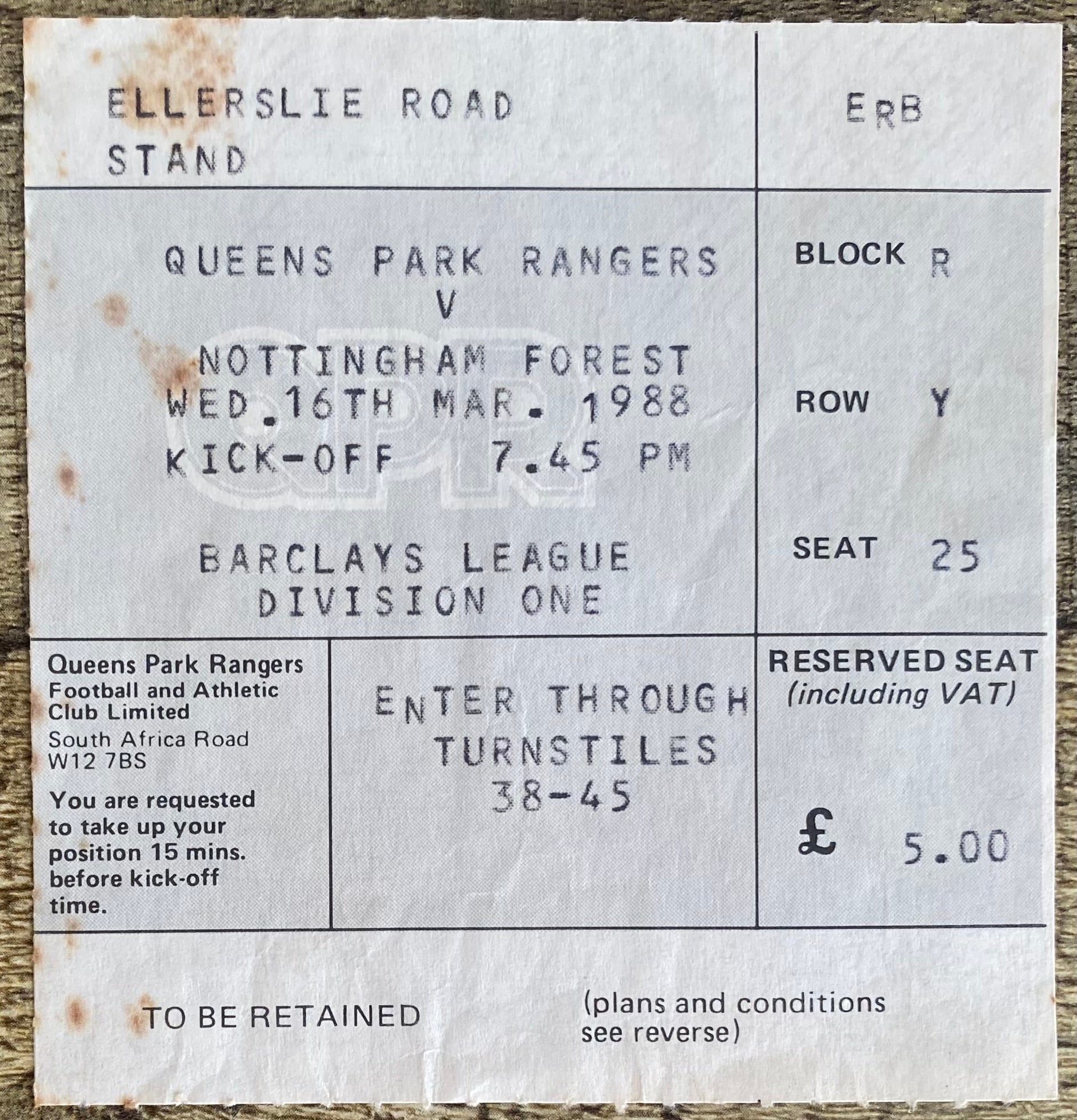 1987/88 ORIGINAL DIVISION ONE TICKET QUEENS PARK RANGERS V NOTTINGHAM FOREST
