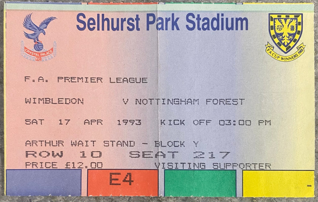 1992/93 ORIGINAL PREMIER LEAGUE TICKET WIMBLEDON V NOTTINGHAM FOREST