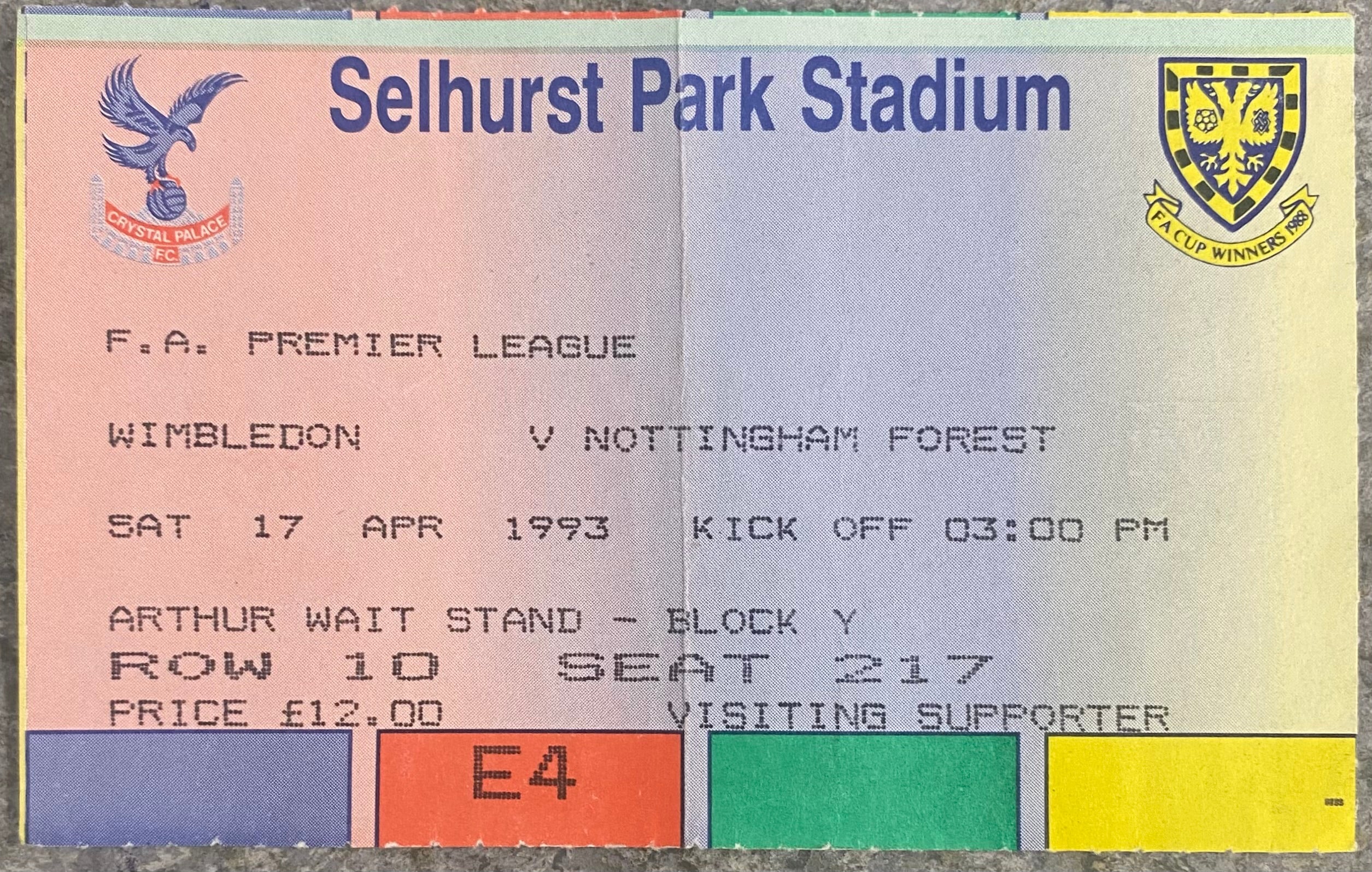 1992/93 ORIGINAL PREMIER LEAGUE TICKET WIMBLEDON V NOTTINGHAM FOREST