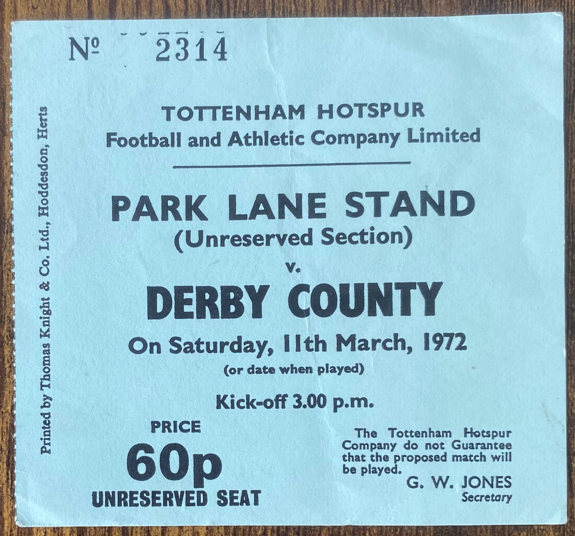 1971/72 ORIGINAL DIVISION ONE TICKET TOTTENHAM HOTSPUR V DERBY COUNTY